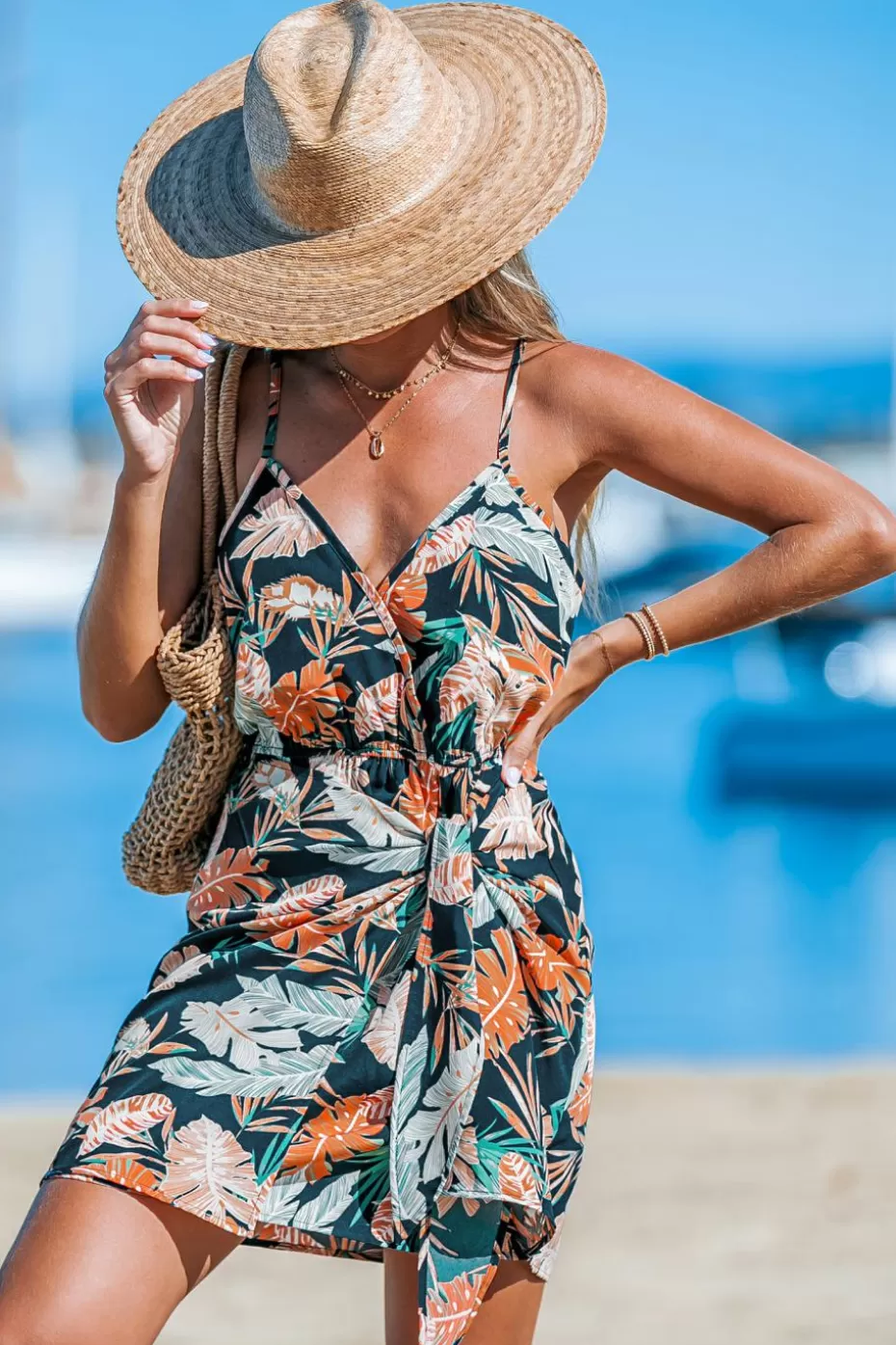 Discount Cupshe Tropical Leaf Sweetheart Wrap Mini Dress Navy