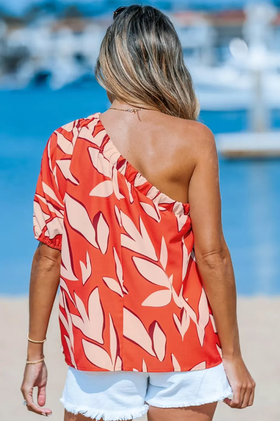 Clearance Cupshe Tropical One-Shoulder Puff Sleeve Blouse Red