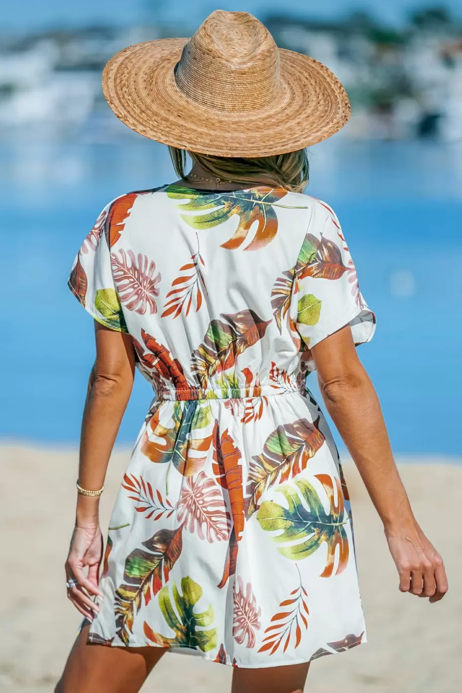 Sale Cupshe Tropical Plunging Dolman Sleeve Cover-Up Mini Dress White