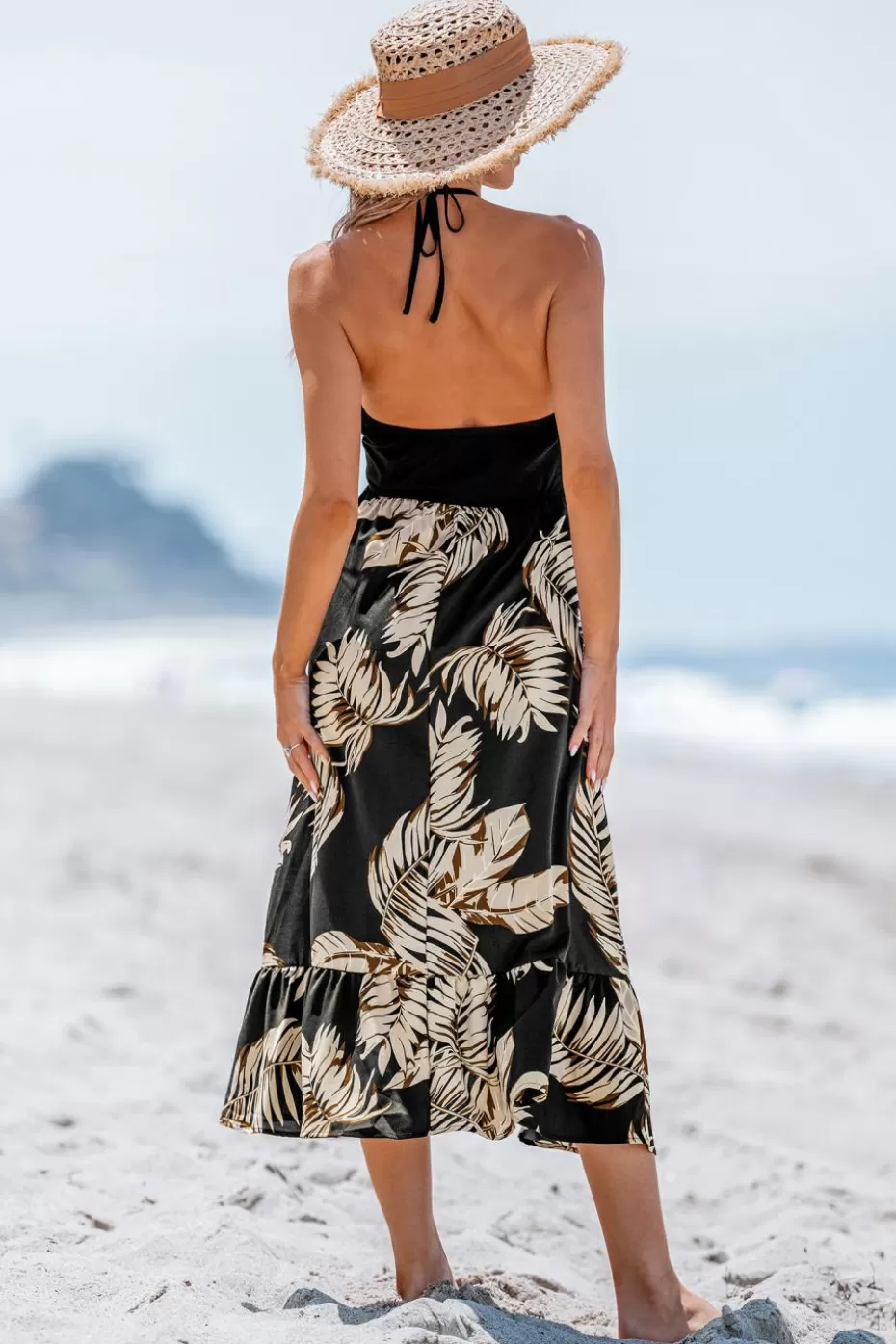 Best Cupshe Tropical Print Ruched Midi Dress Black