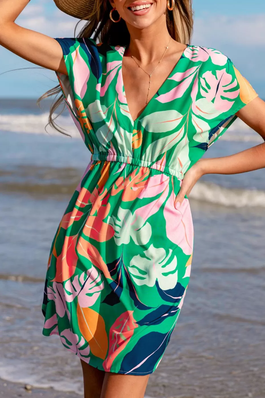 Flash Sale Cupshe Vibrant Tropics Short Sleeve Mini Cover-Up Dress Green
