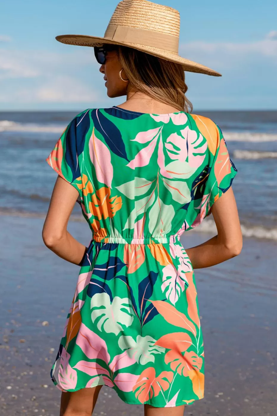 Flash Sale Cupshe Vibrant Tropics Short Sleeve Mini Cover-Up Dress Green