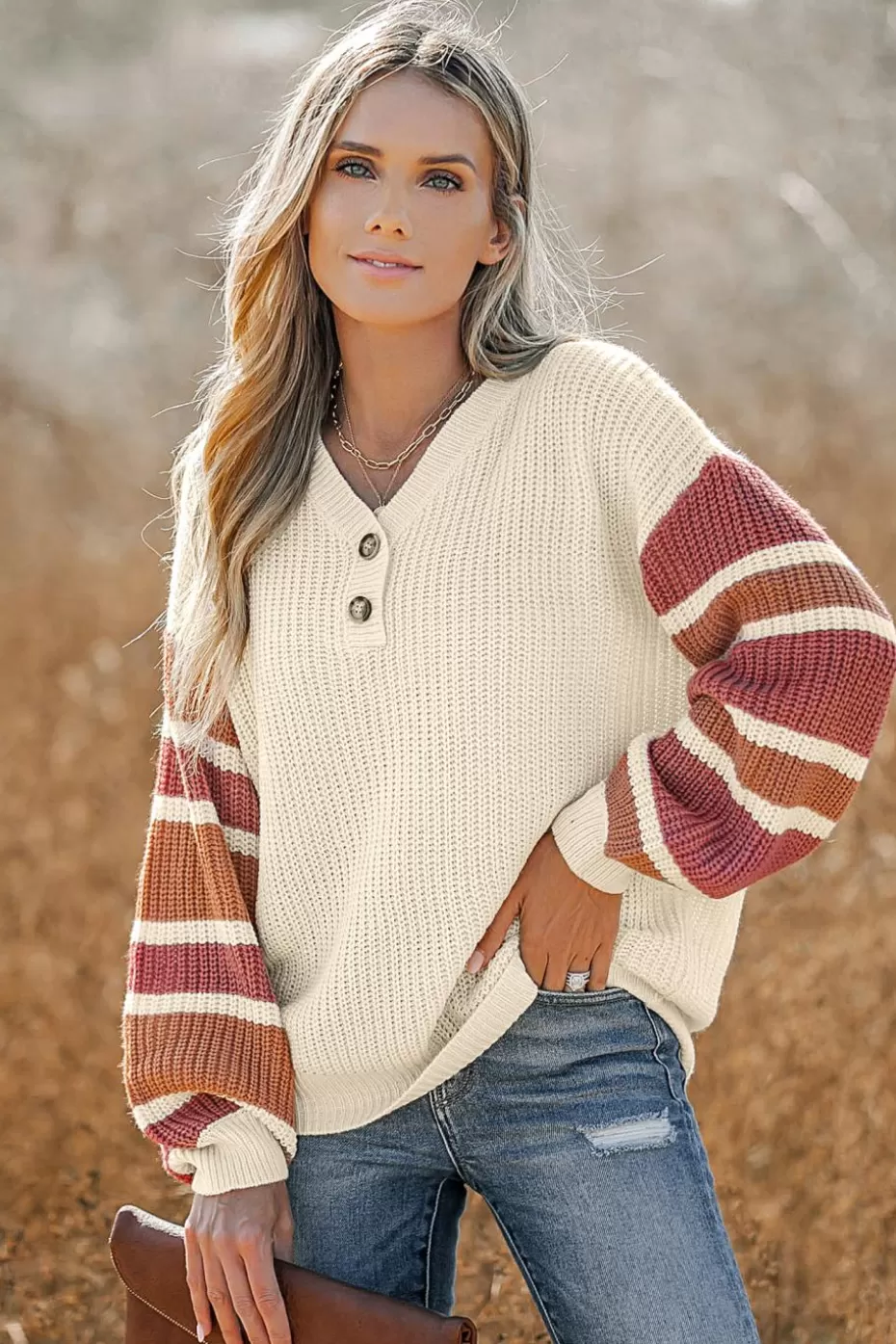 Shop Cupshe V-Neck Buttoned Striped Sweater White