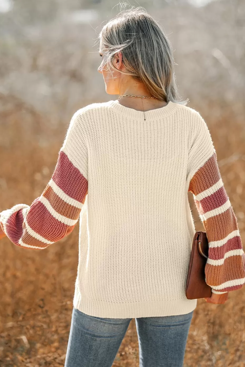 Shop Cupshe V-Neck Buttoned Striped Sweater White