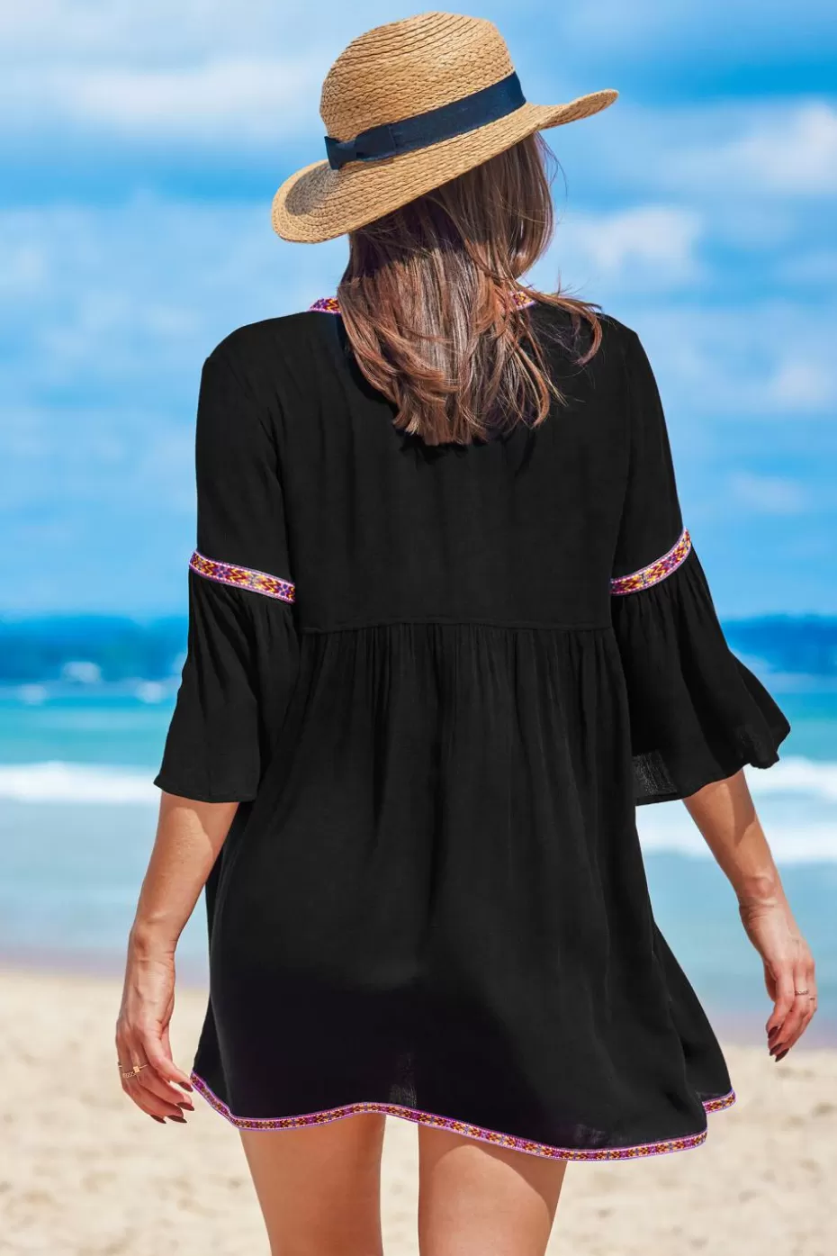 Store Cupshe V-Neck Flared Sleeve Cover-Up Black
