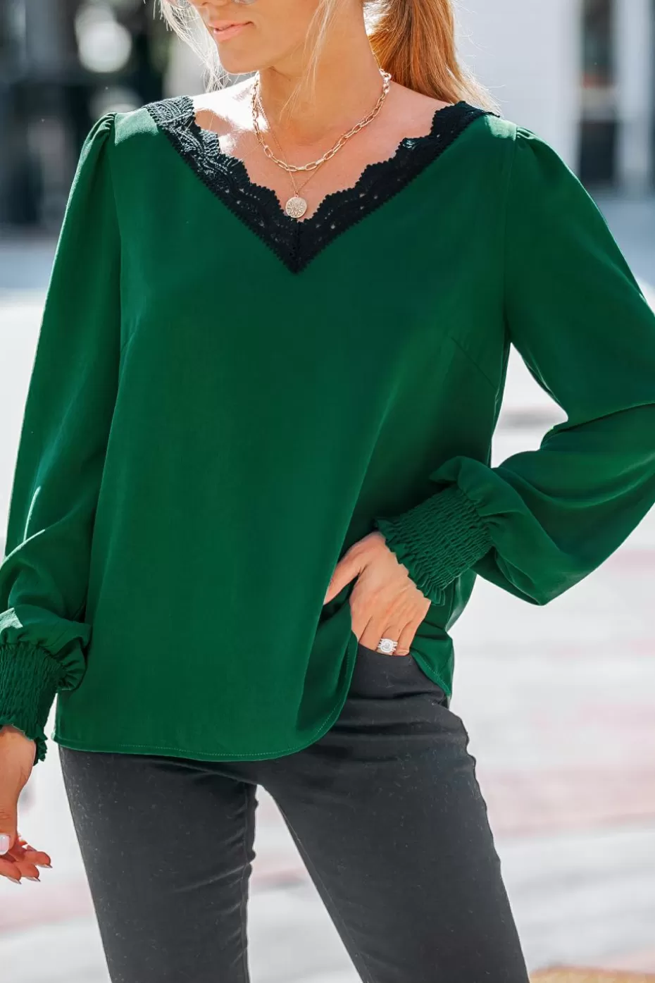 Cheap Cupshe V-Neck Lace Trims Top Green