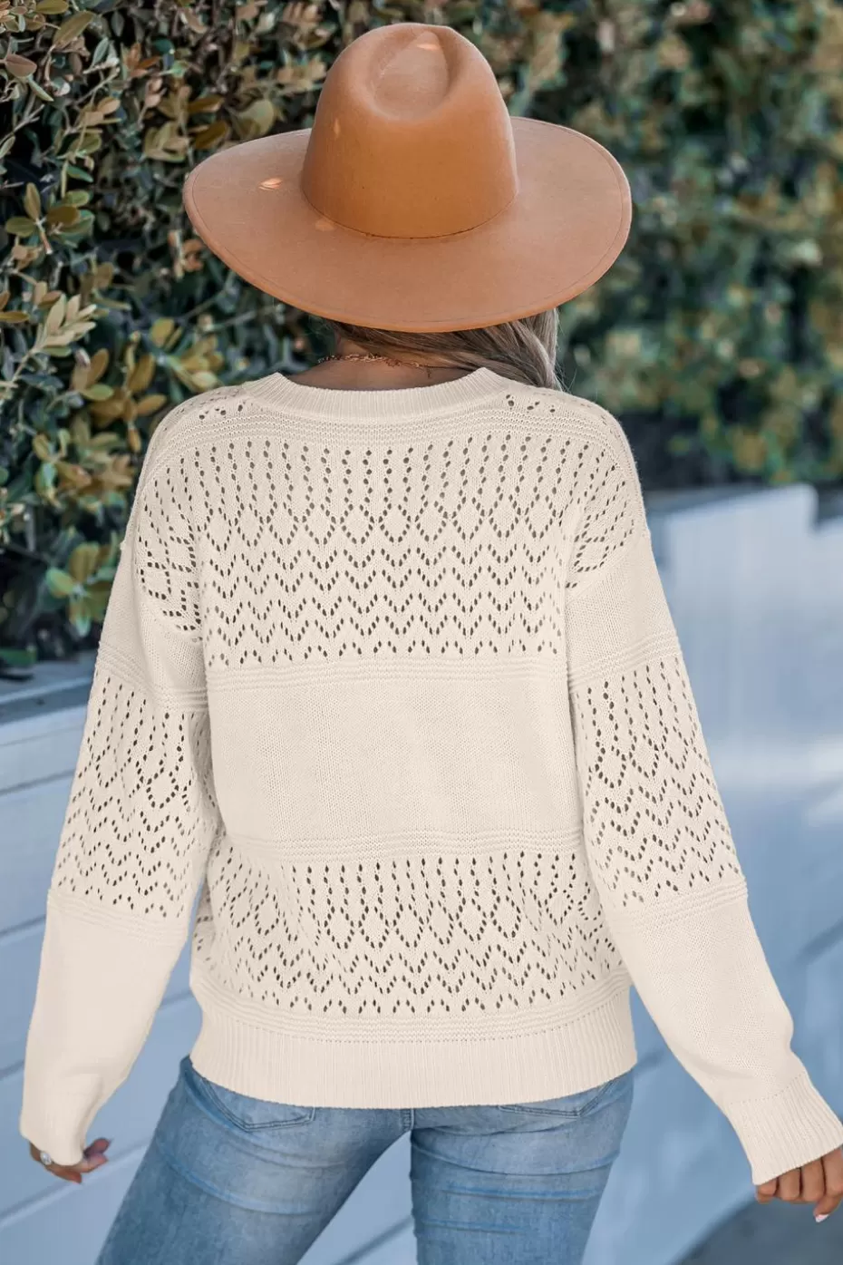 Flash Sale Cupshe V-Neck Long Sleeve Perforated Knit Sweater Apricot