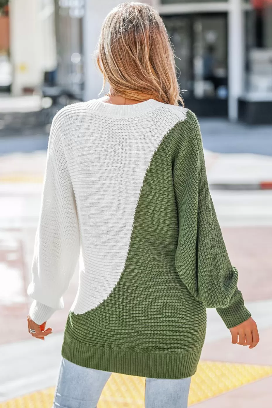 Store Cupshe V-Neck Ribbed Knit Two-Tone Sweater Green