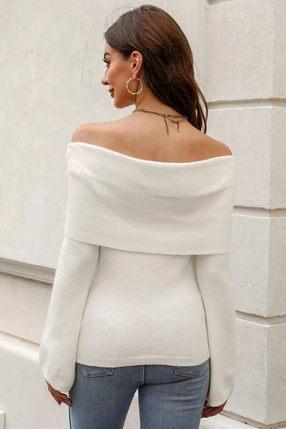 Store Cupshe Warm Hugs Foldover Off-the-Shoulder Sweater White