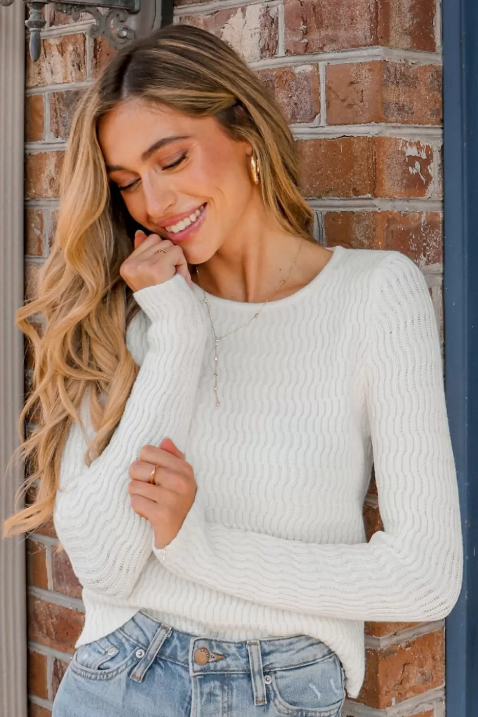 Sale Cupshe Wavy Knit Fitted Sweater White