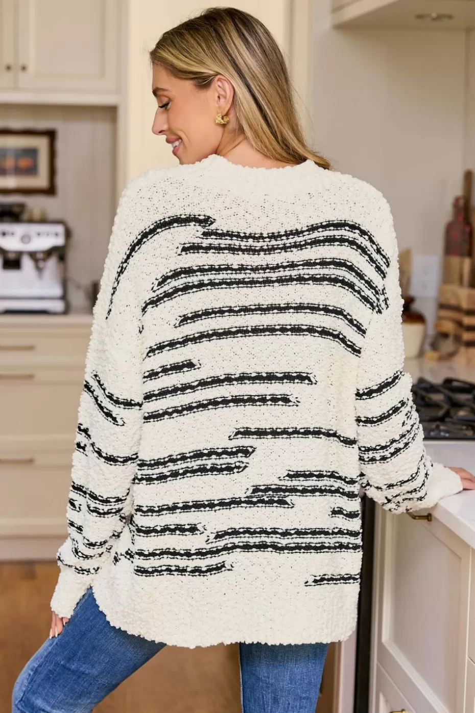 New Cupshe & Black Irregular Line Mockneck Sweater White