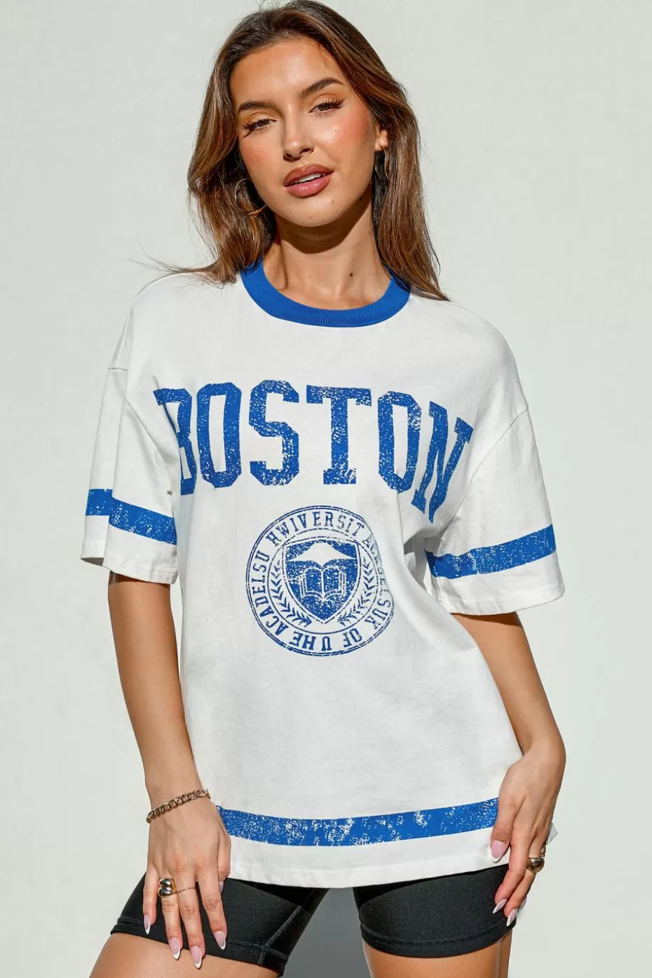 Hot Cupshe & Blue Round Neck Short Sleeve Boston Tee White