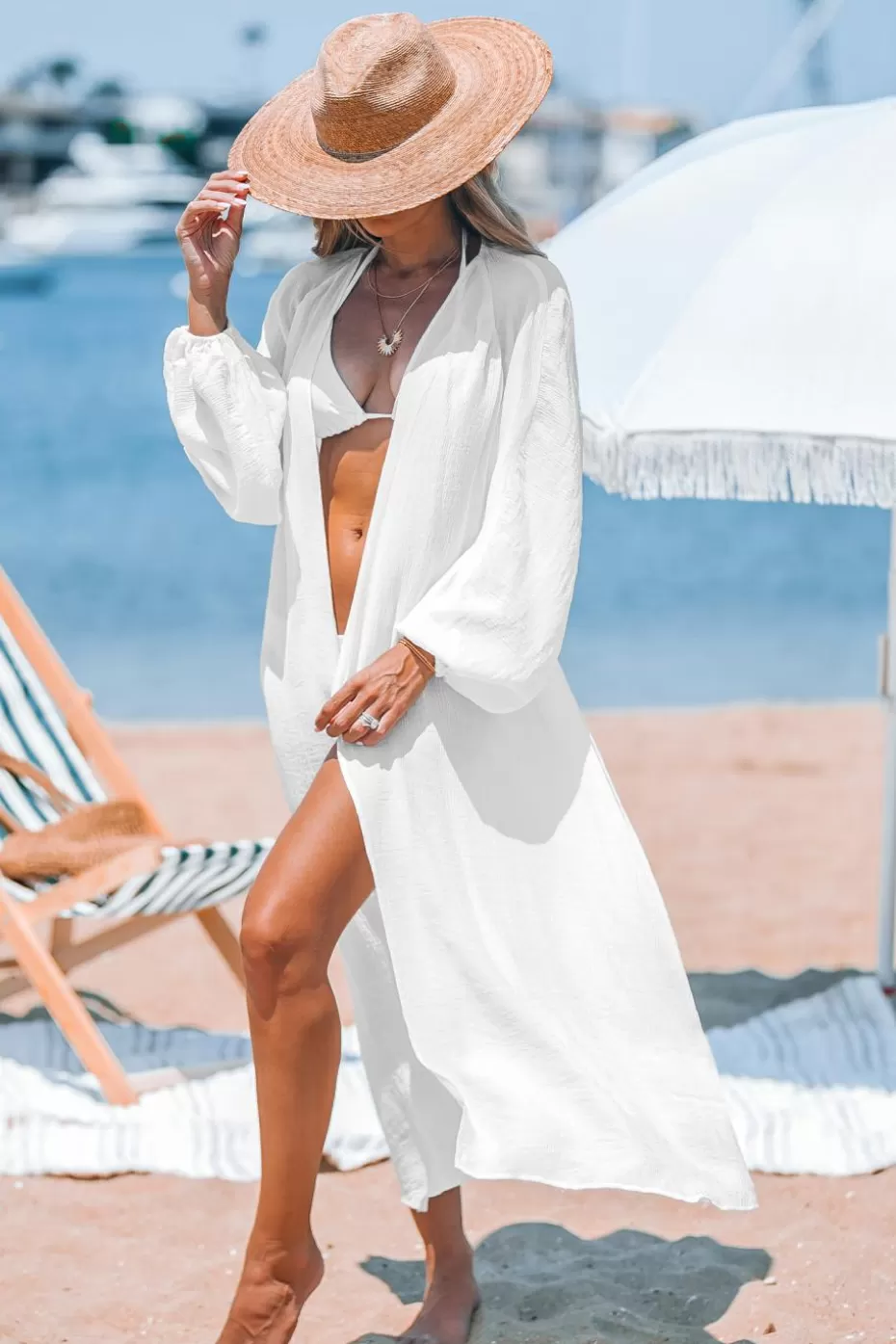 New Cupshe Asymmetrical Long Sleeve Cover-Up White