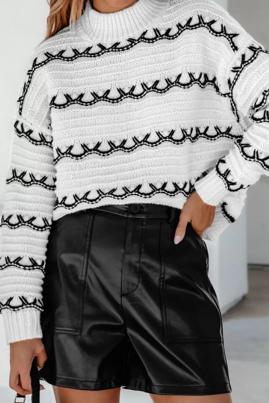 Best Sale Cupshe Barbed Wire Striped Mockneck Sweater White