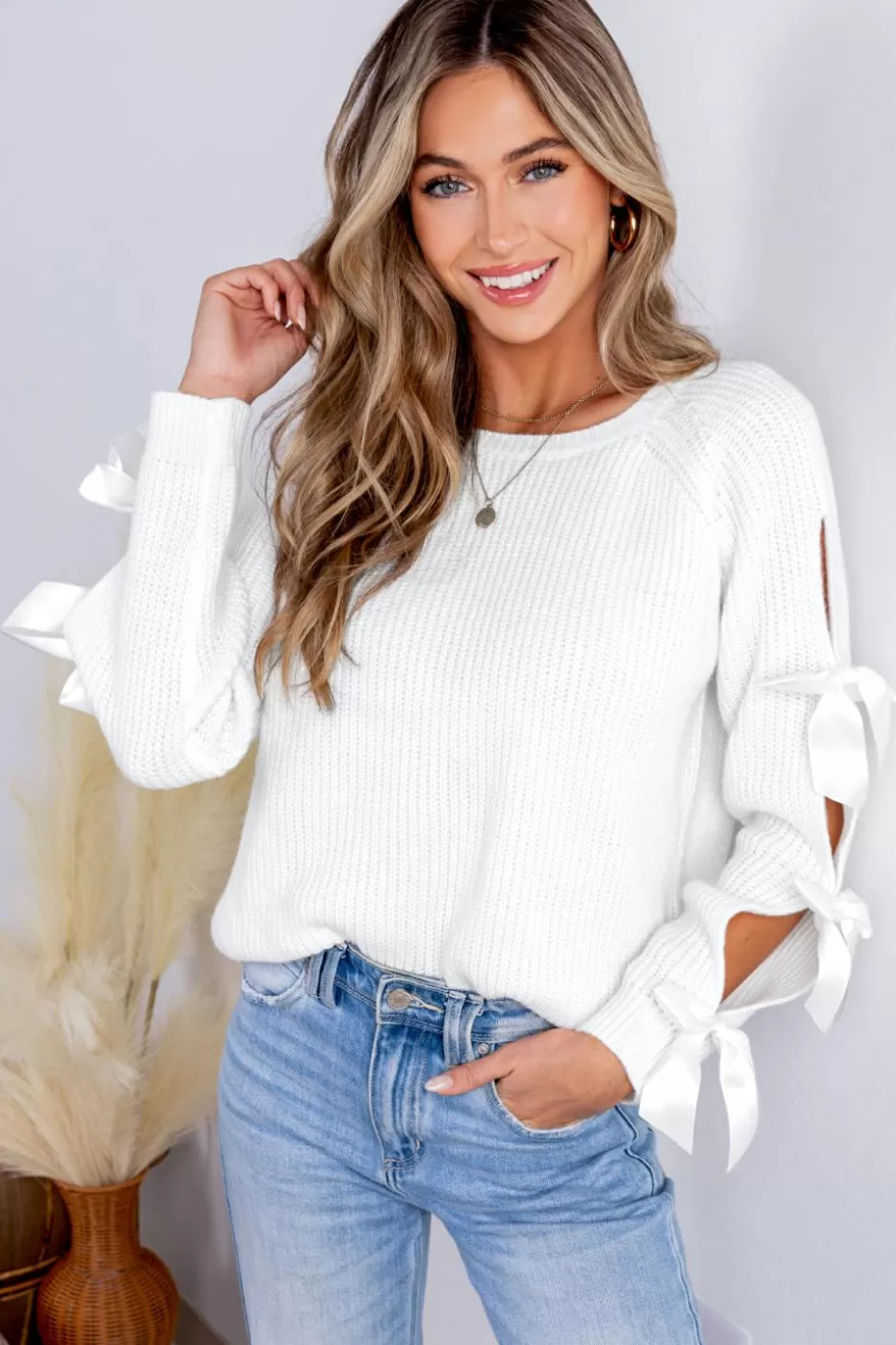 Best Sale Cupshe Bow-Embellished Long Sleeve Sweater White