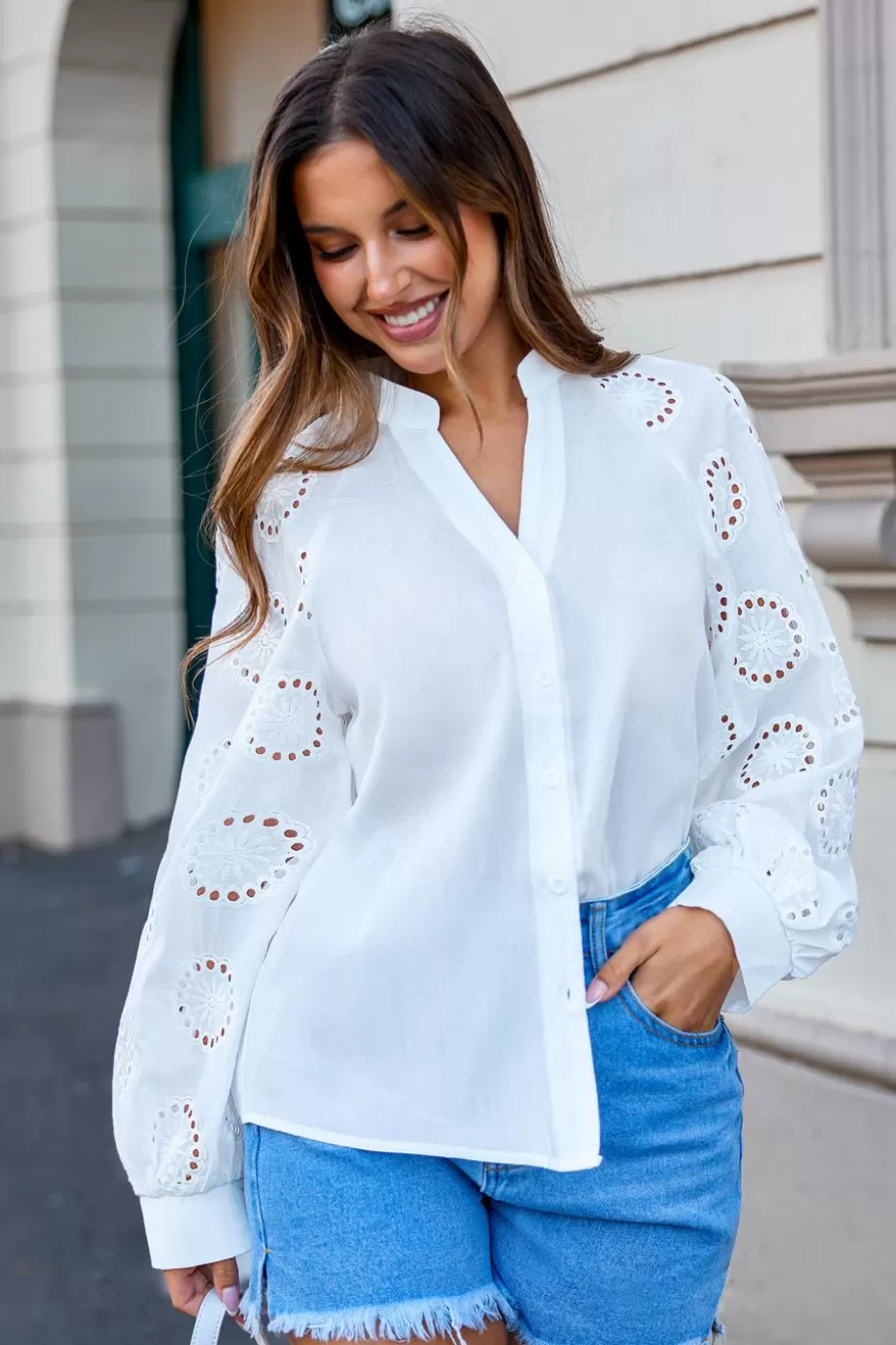 Cheap Cupshe Button-Up Eyelet Puff Sleeve Blouse White