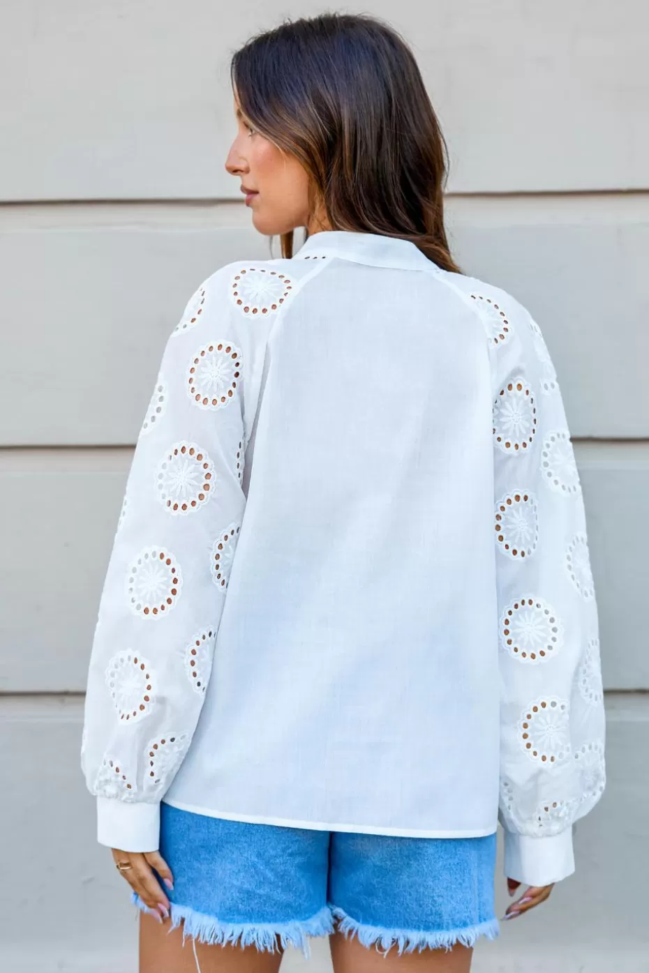 Cheap Cupshe Button-Up Eyelet Puff Sleeve Blouse White