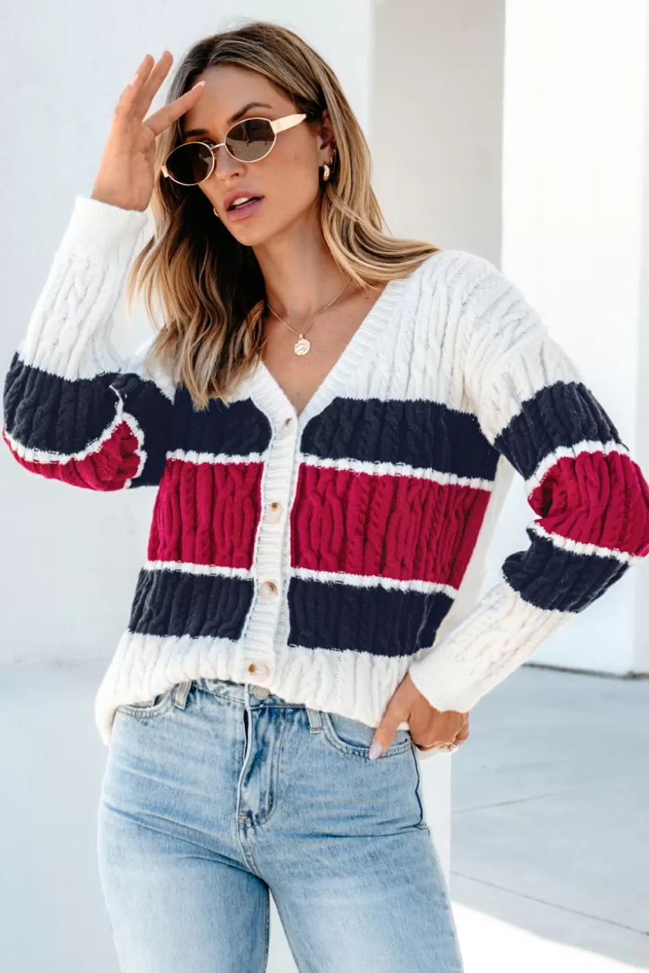 Fashion Cupshe Cable Knit Long Sleeve Front Button Cardigan White