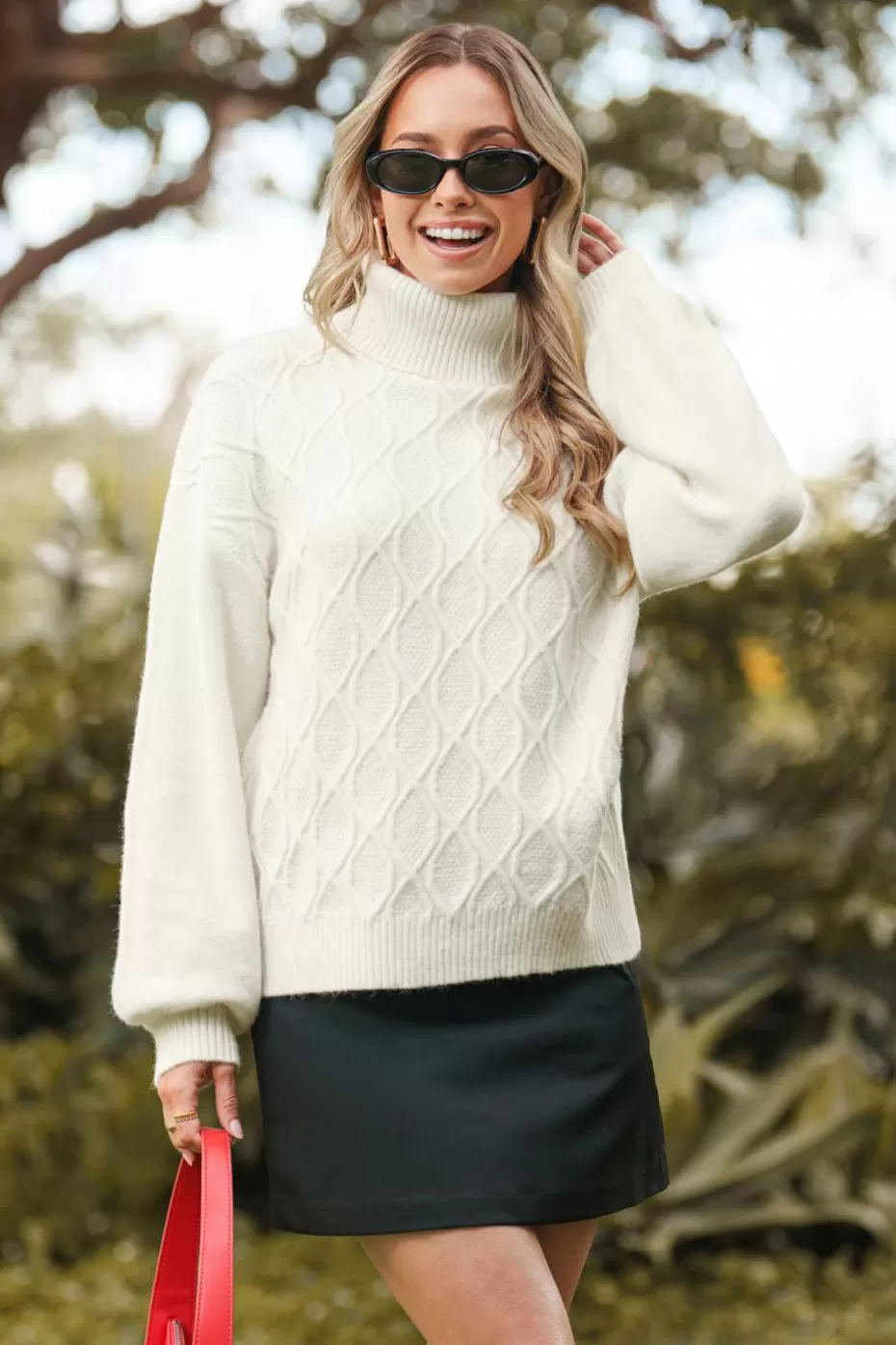 New Cupshe Cable Knit Long Sleeve Turtleneck Sweater White