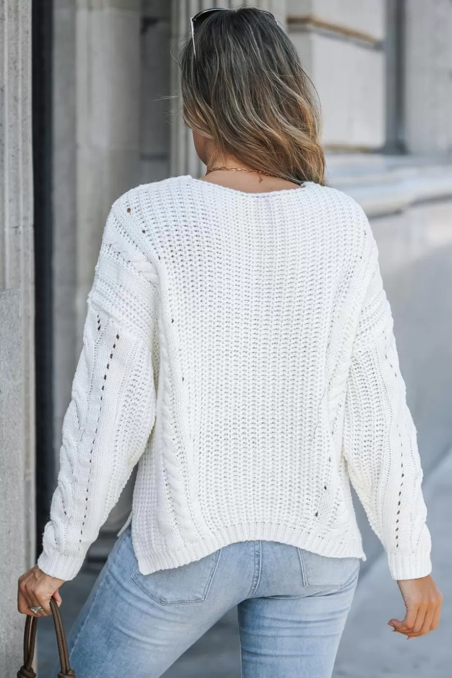 Store Cupshe Cable Knit Split Hem Sweater White