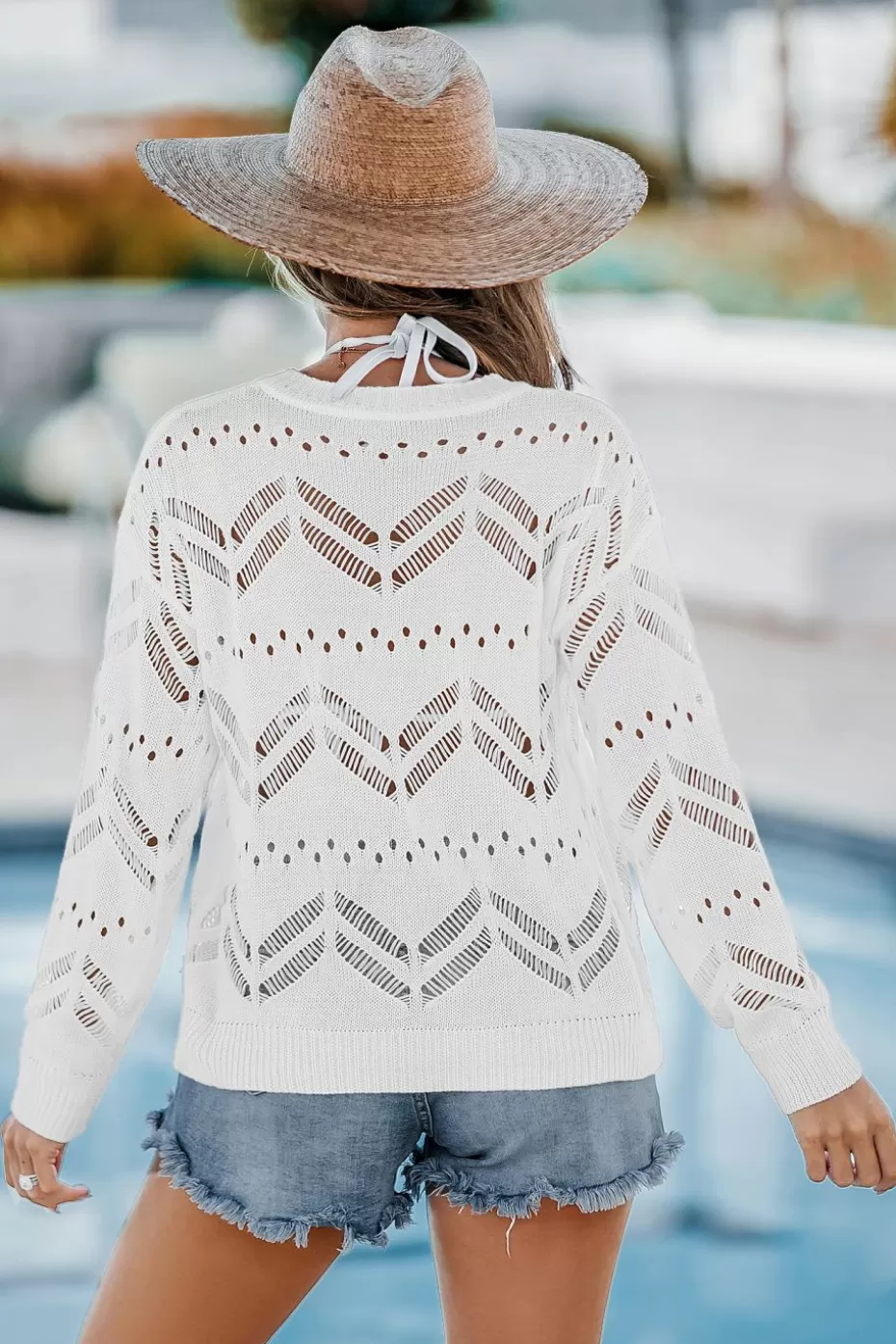Discount Cupshe Cutout Knit Round Neck Long Sleeve Cover-Up White
