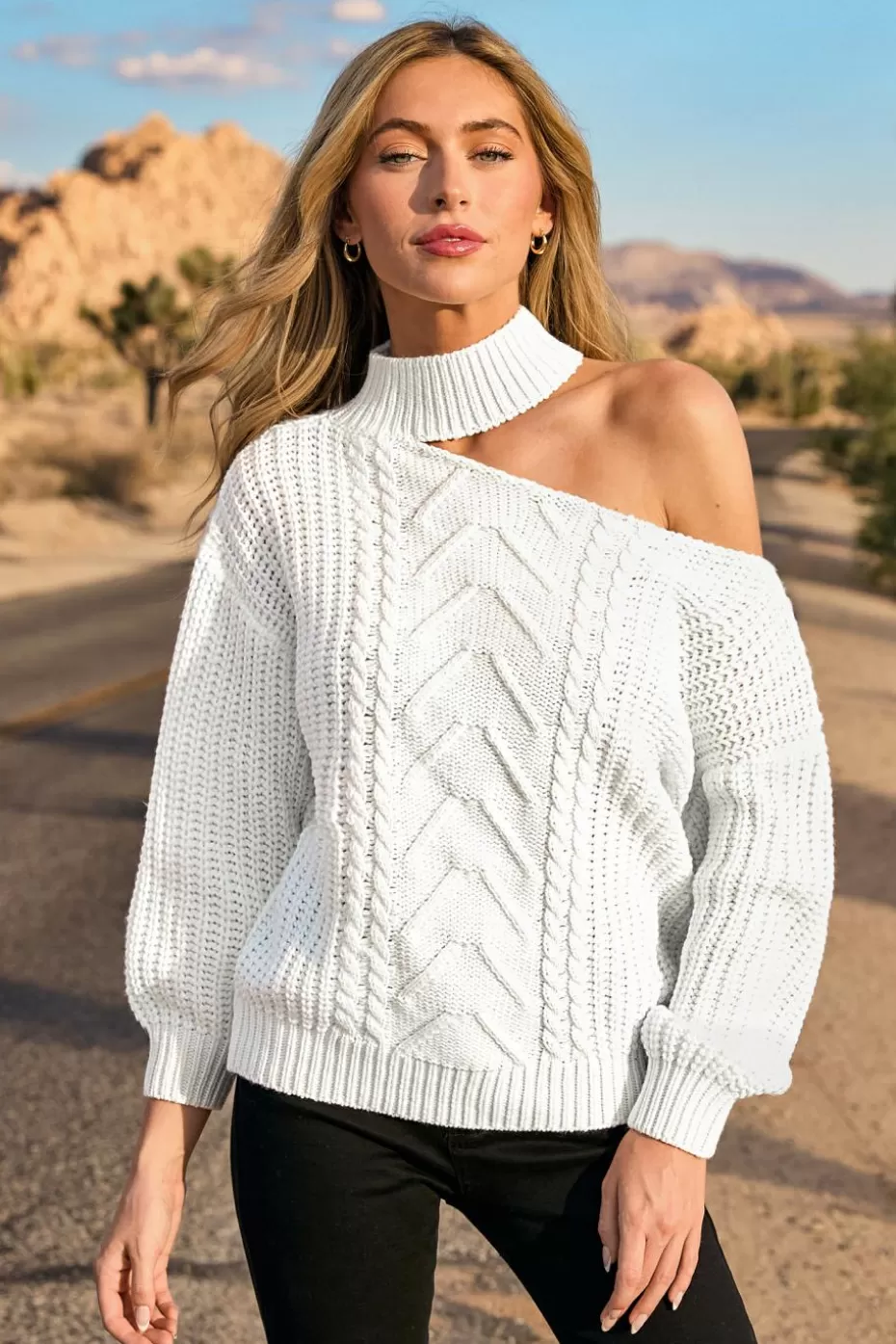 Clearance Cupshe Cutout Long Sleeve Mockneck Sweater White