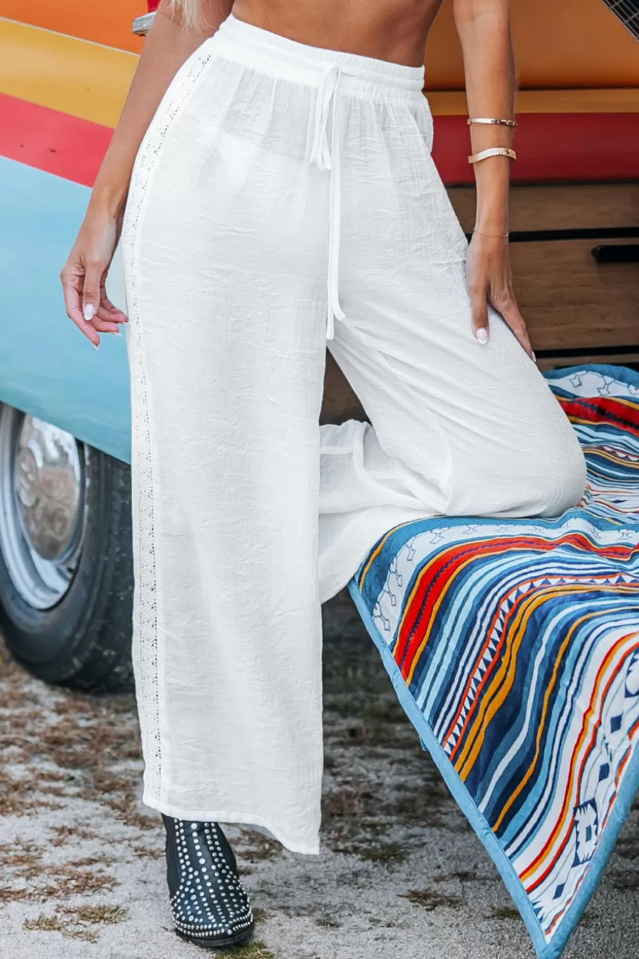 Hot Cupshe Elastic Waist Lace Panel Cover-Up Pants White