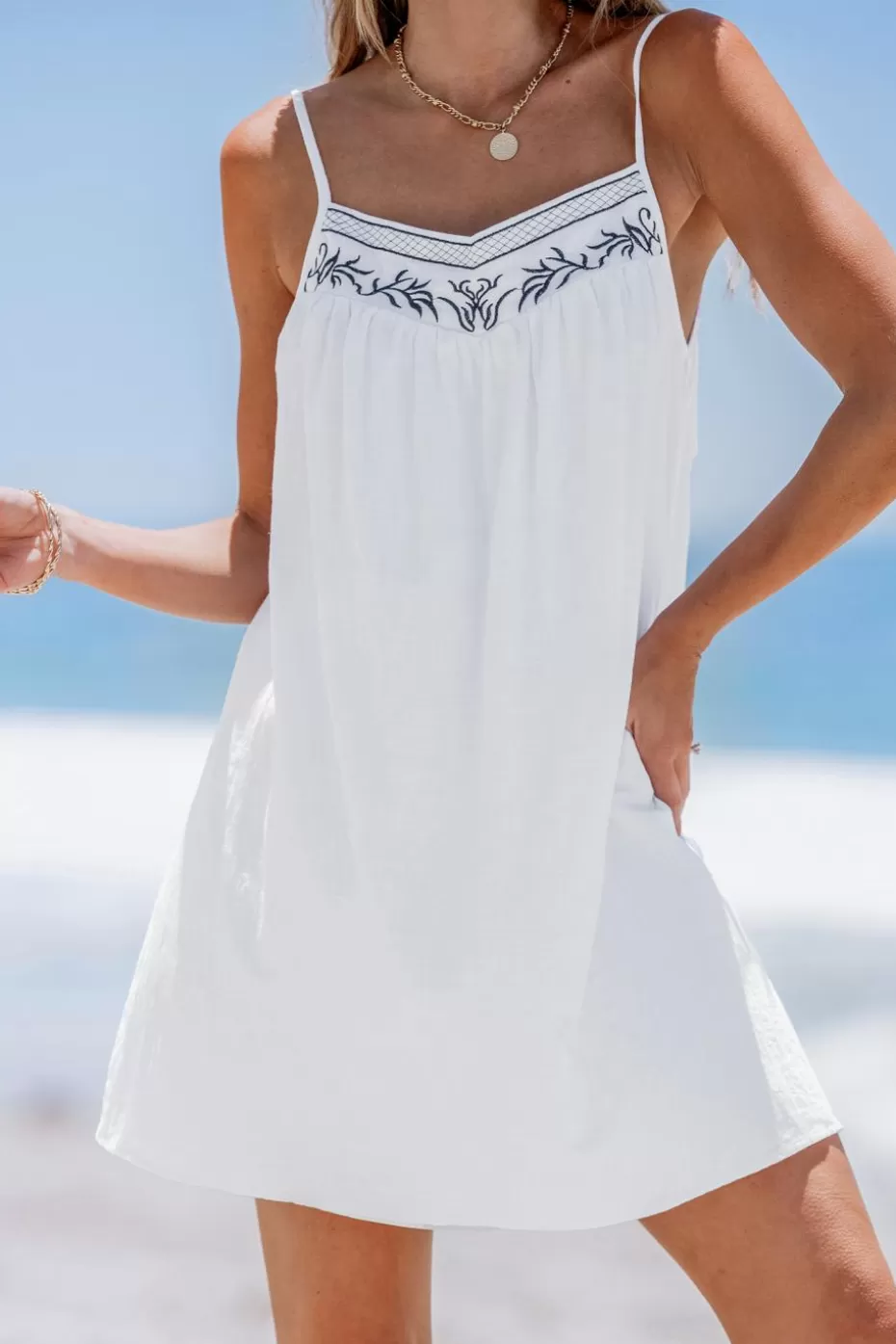 New Cupshe Embroidered Linen Sleeveless Mini Dress White