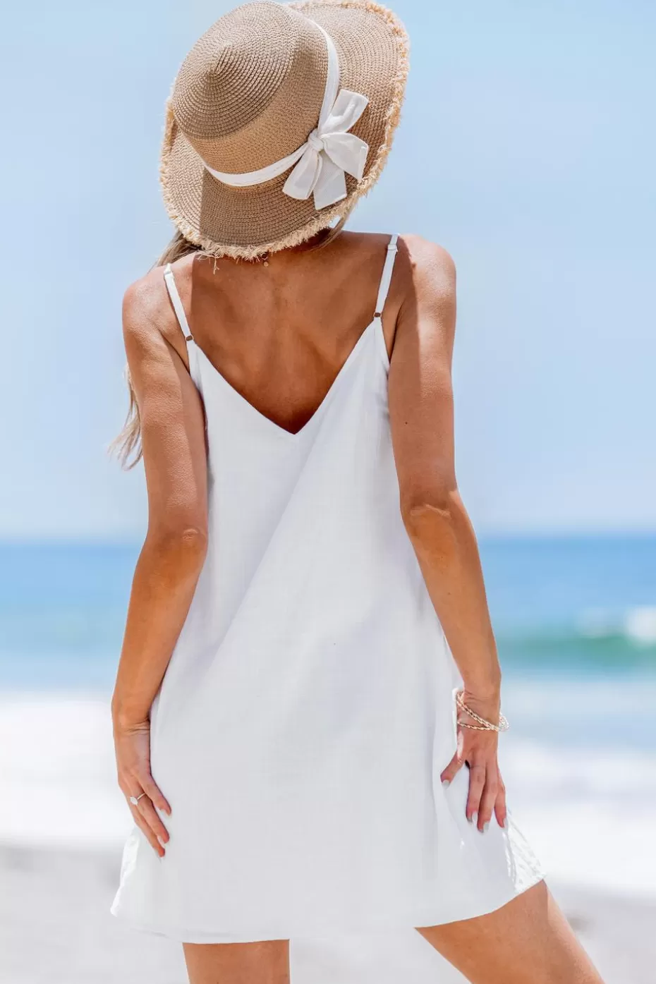 New Cupshe Embroidered Linen Sleeveless Mini Dress White