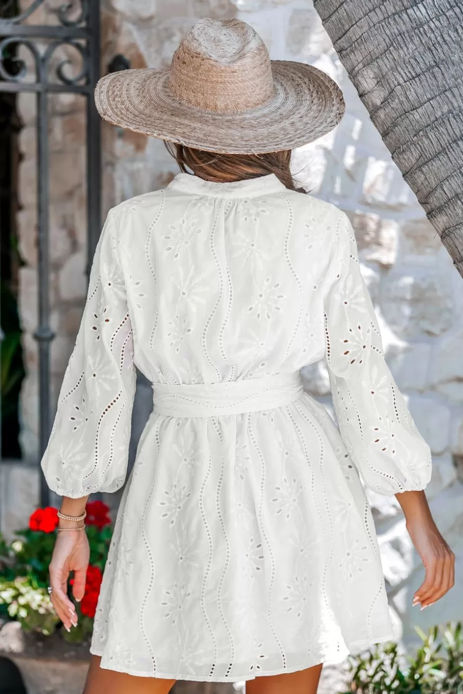 New Cupshe Eyelet Blouson Sleeve Mini Dress White