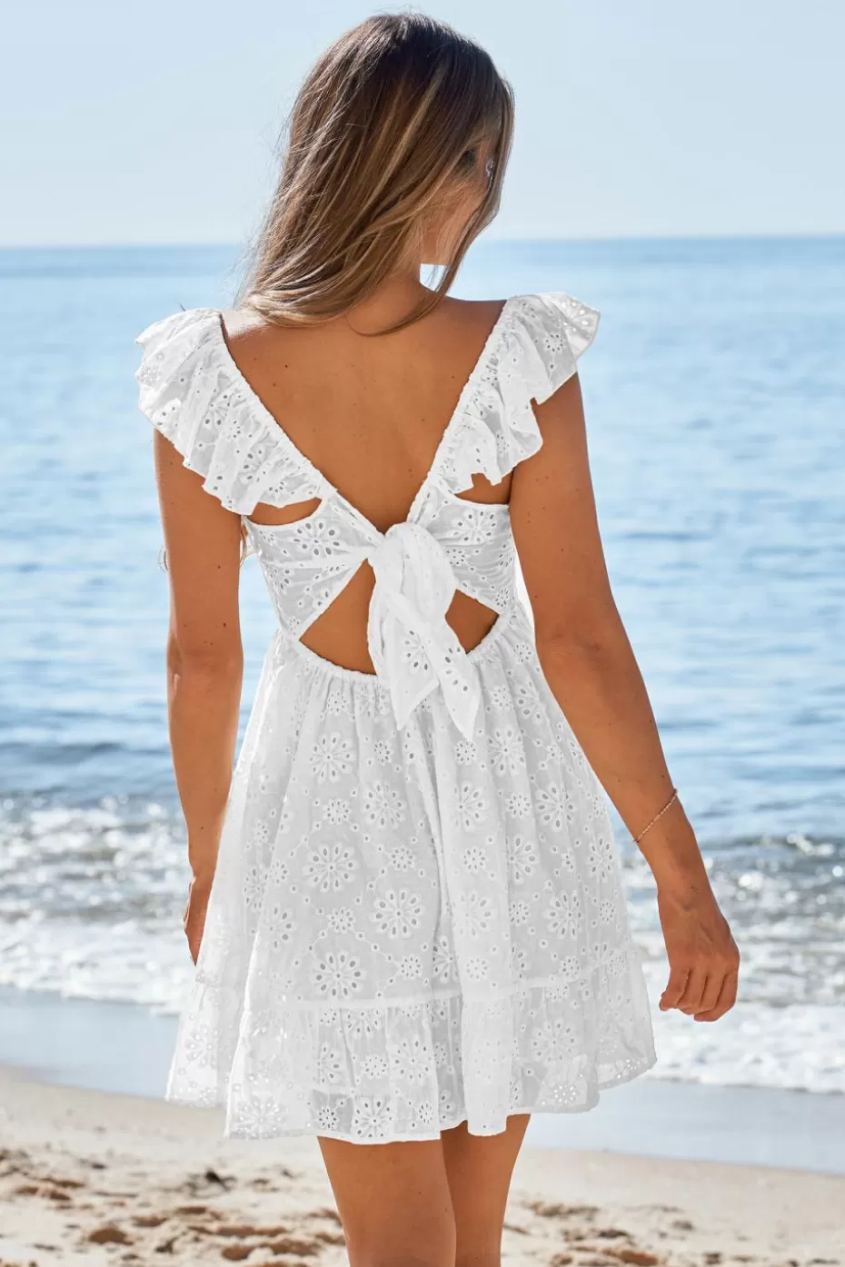 Store Cupshe Eyelet Flutter Sleeve Tie Back Mini Dress White