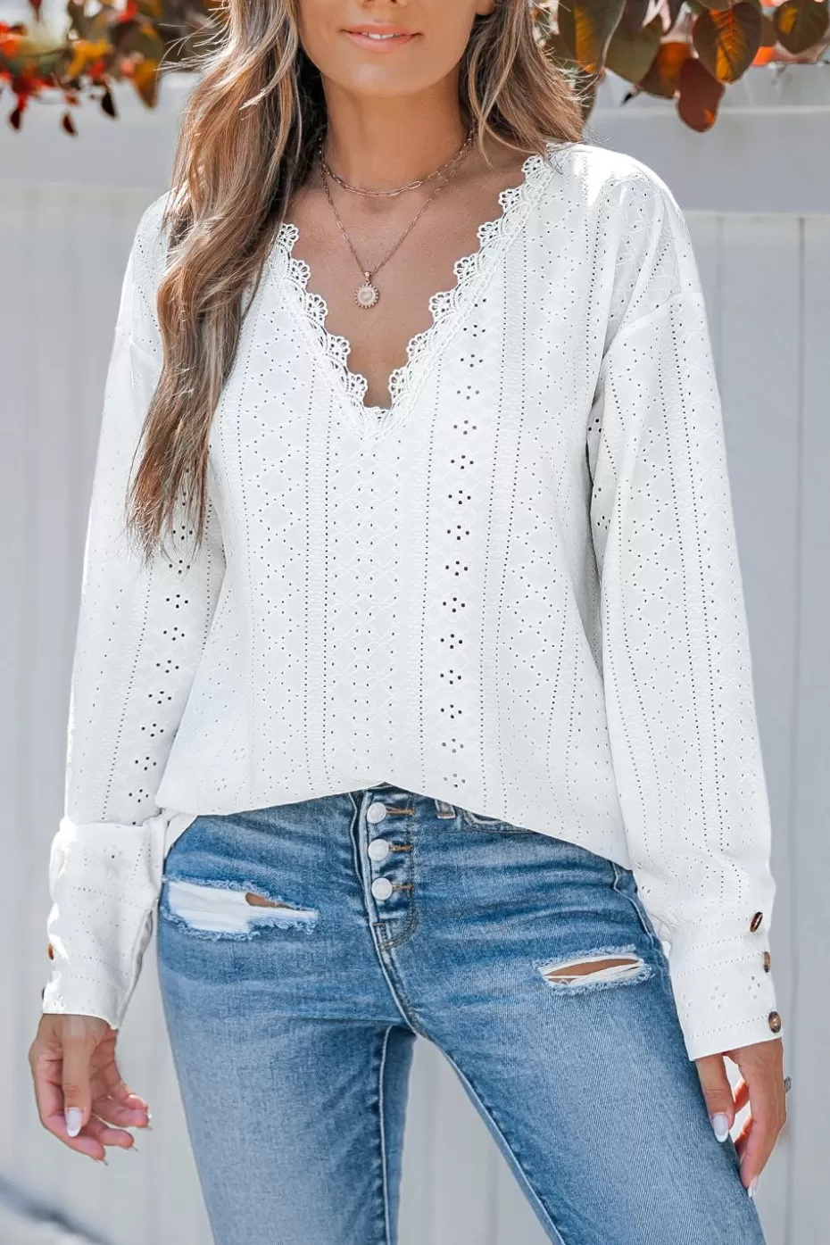 New Cupshe Eyelet Jersey Lace Neck Long Sleeve Top White
