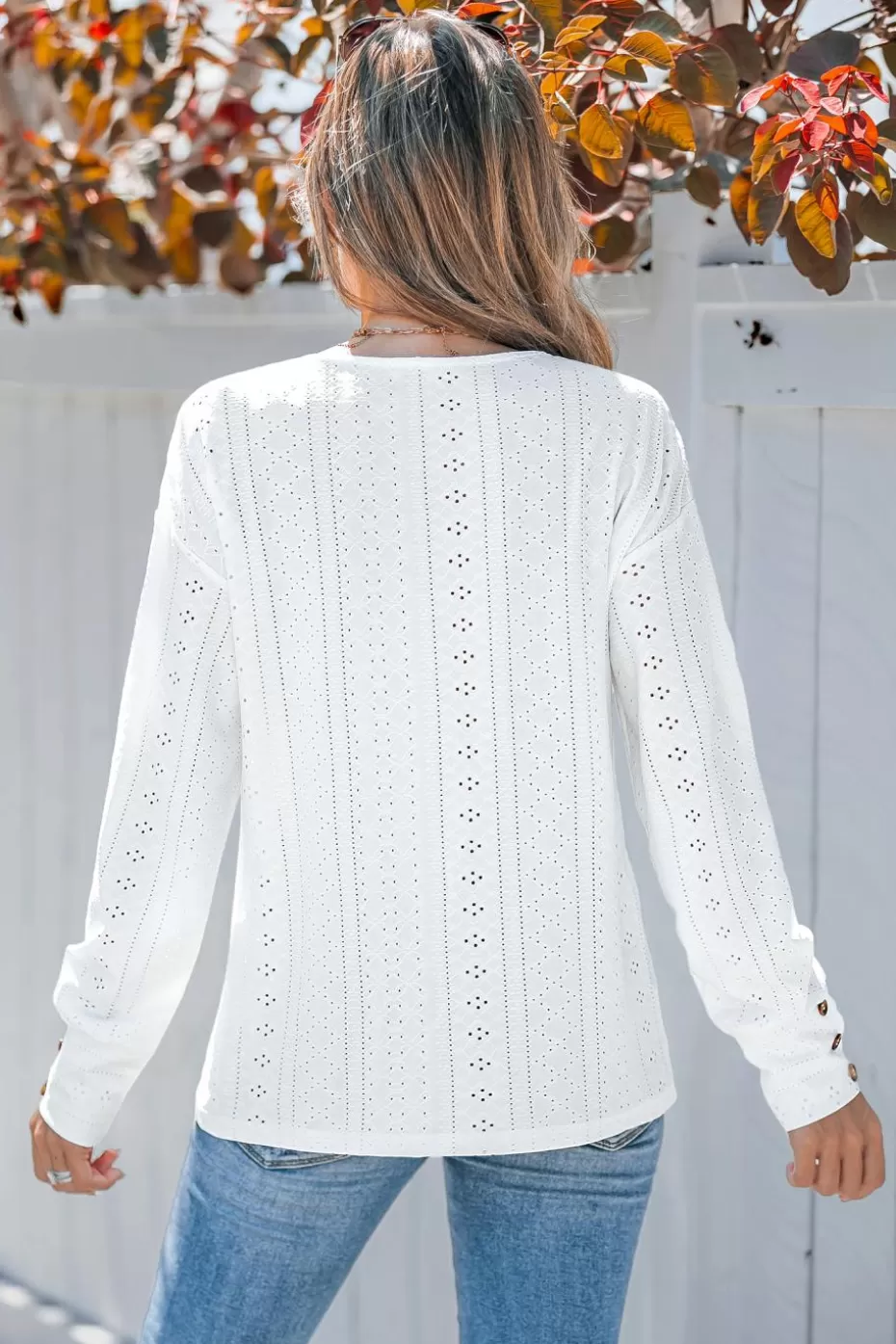 New Cupshe Eyelet Jersey Lace Neck Long Sleeve Top White