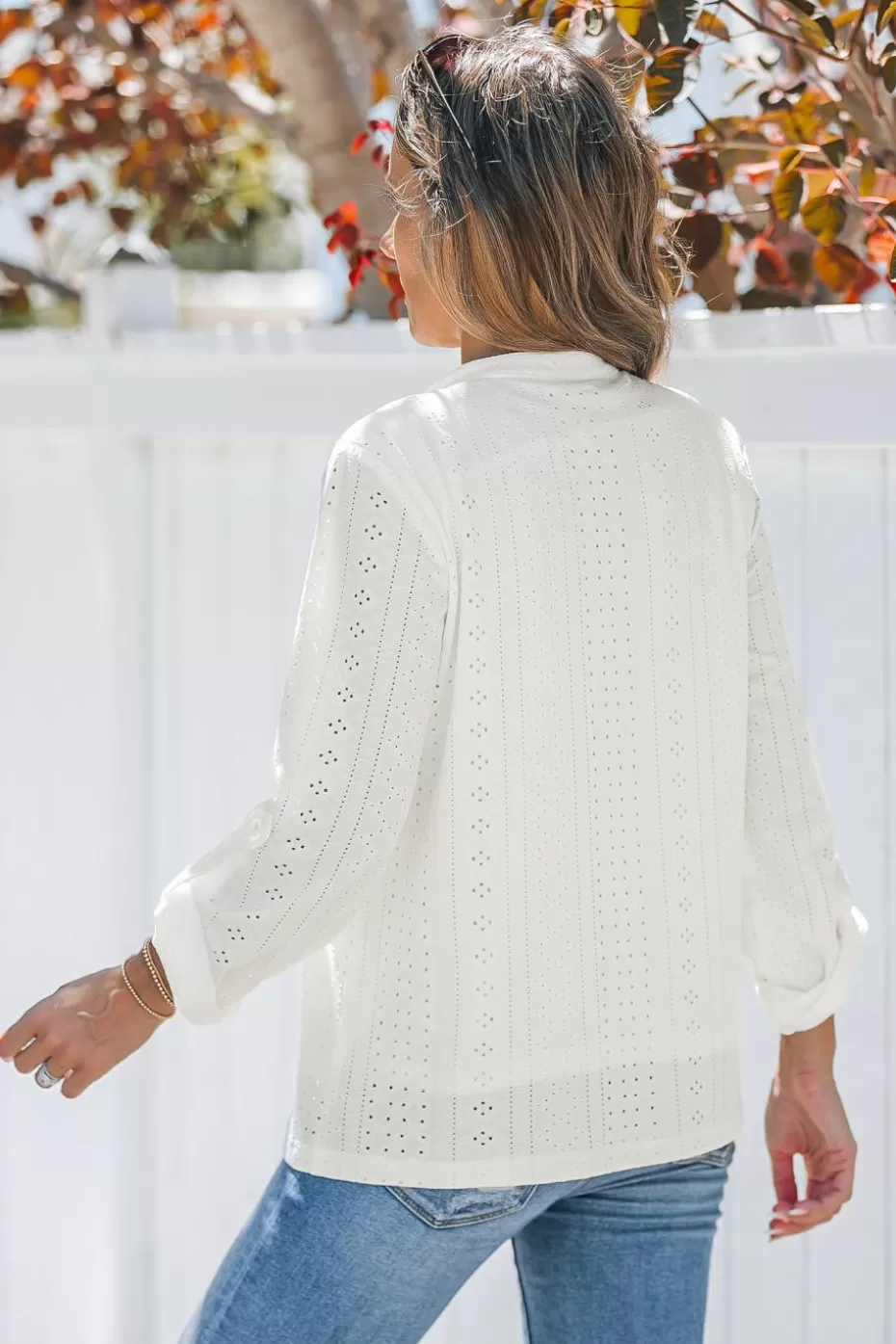 Hot Cupshe Eyelet Jersey Split Neck Long Sleeve Top White
