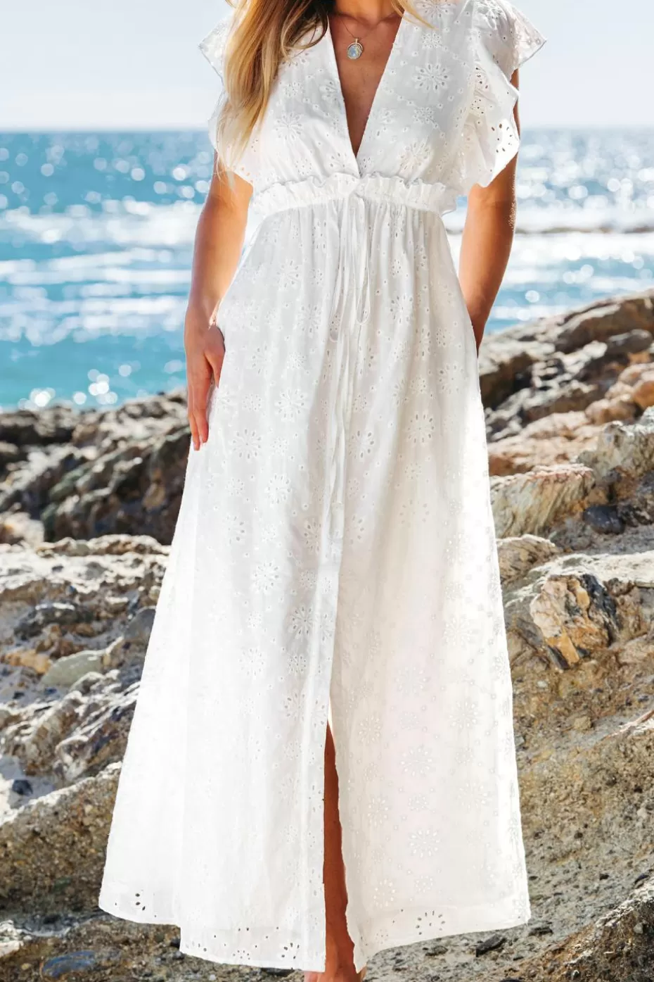 Store Cupshe Eyelet Plunging Flutter Sleeve Empire Waist Maxi Dress White