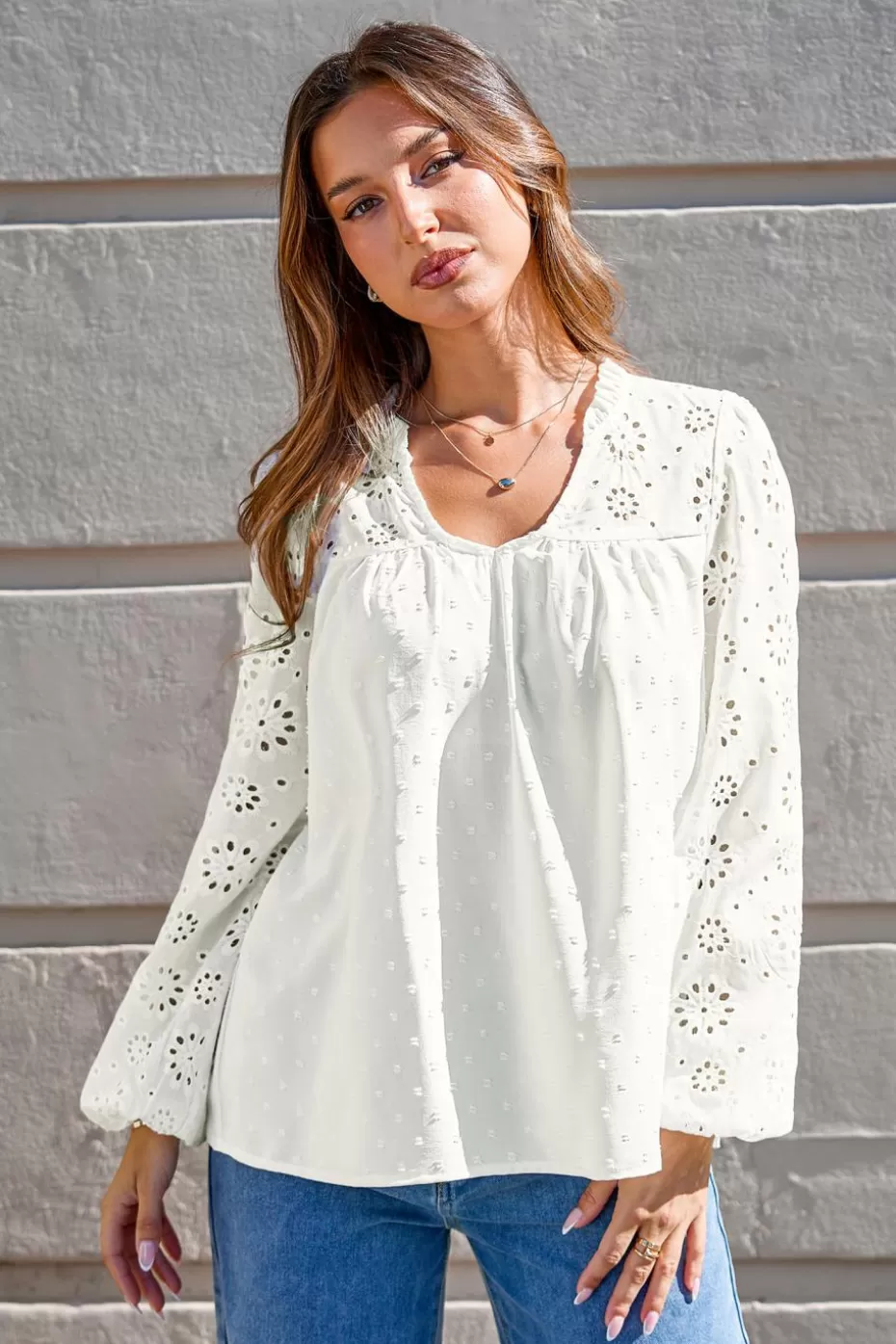 Sale Cupshe Eyelet Ruffled Standing Collar Blouson Sleeve Top White