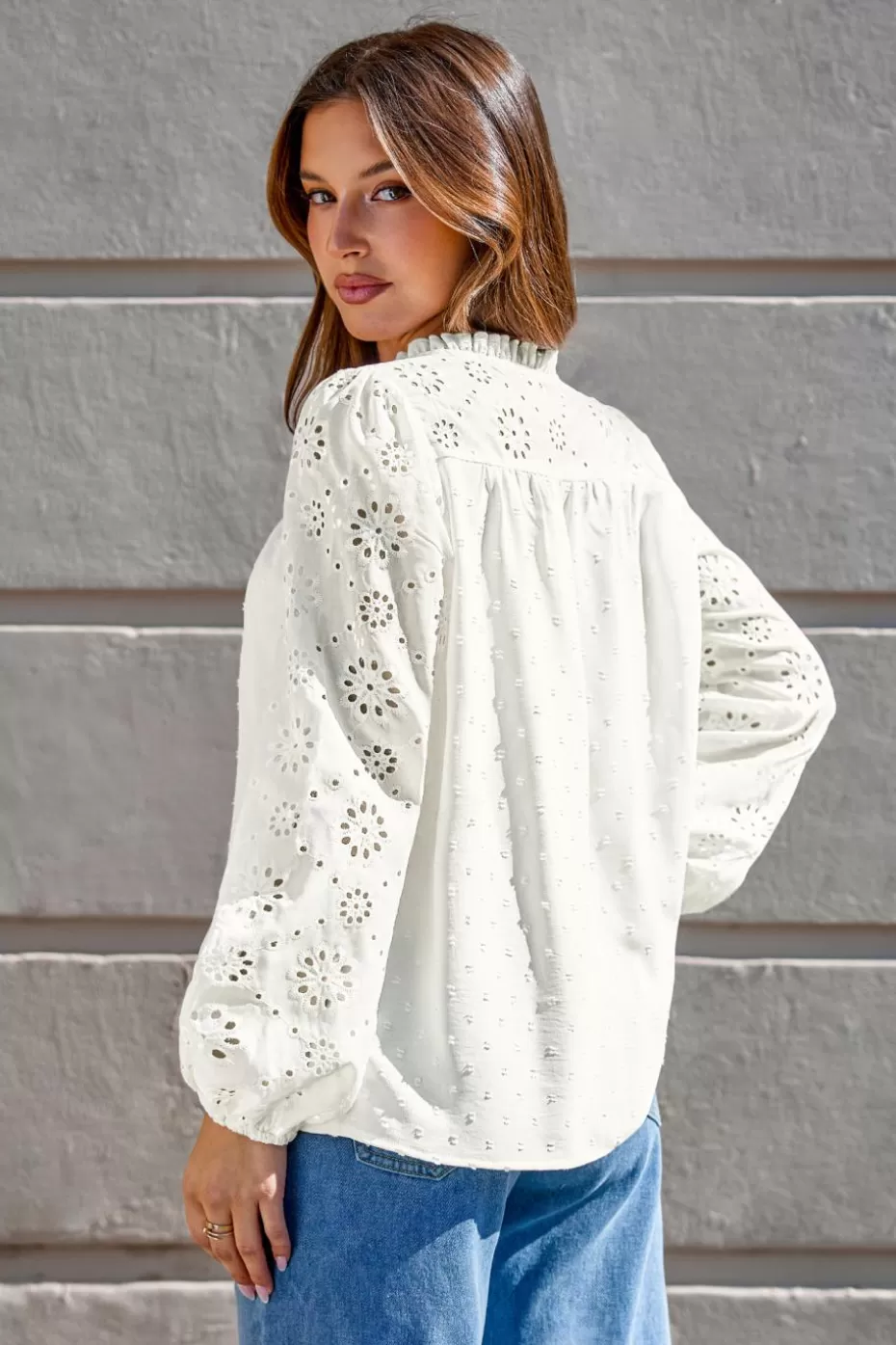 Sale Cupshe Eyelet Ruffled Standing Collar Blouson Sleeve Top White
