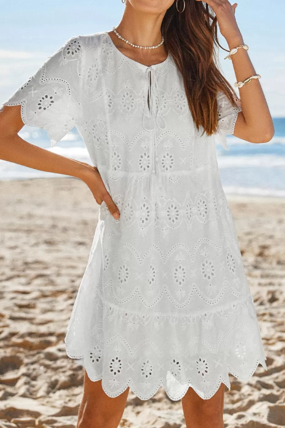 Shop Cupshe Eyelet Split Neck Tassel Tie Mini Dress White