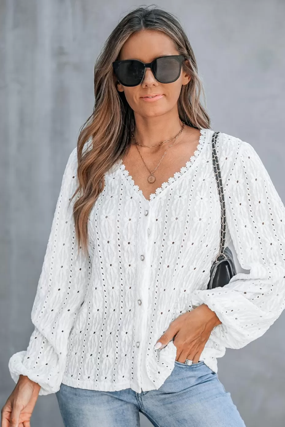 Best Sale Cupshe Eyelet V-Neck Puff Sleeve Blouse White
