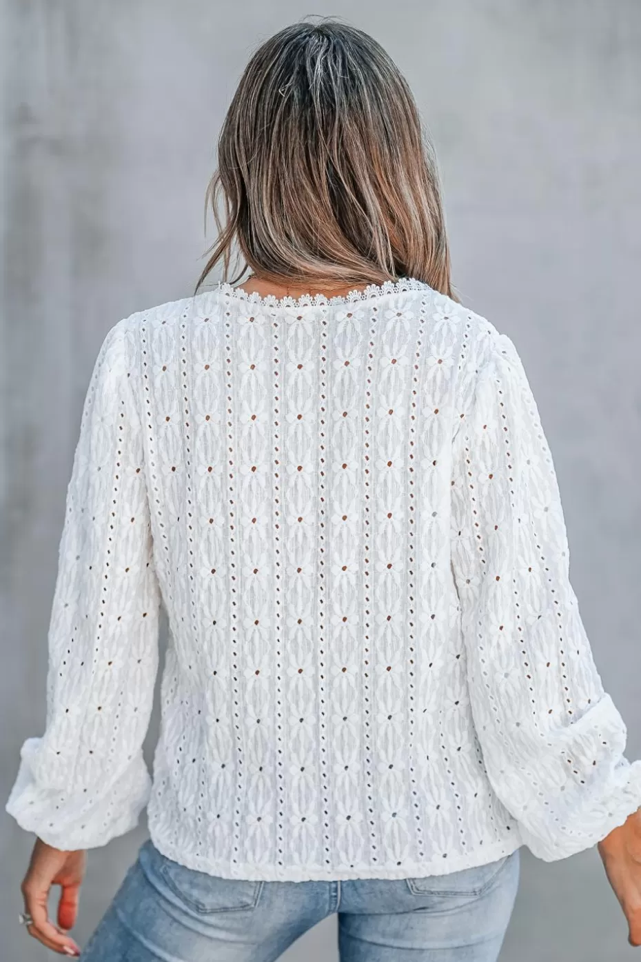 Best Sale Cupshe Eyelet V-Neck Puff Sleeve Blouse White
