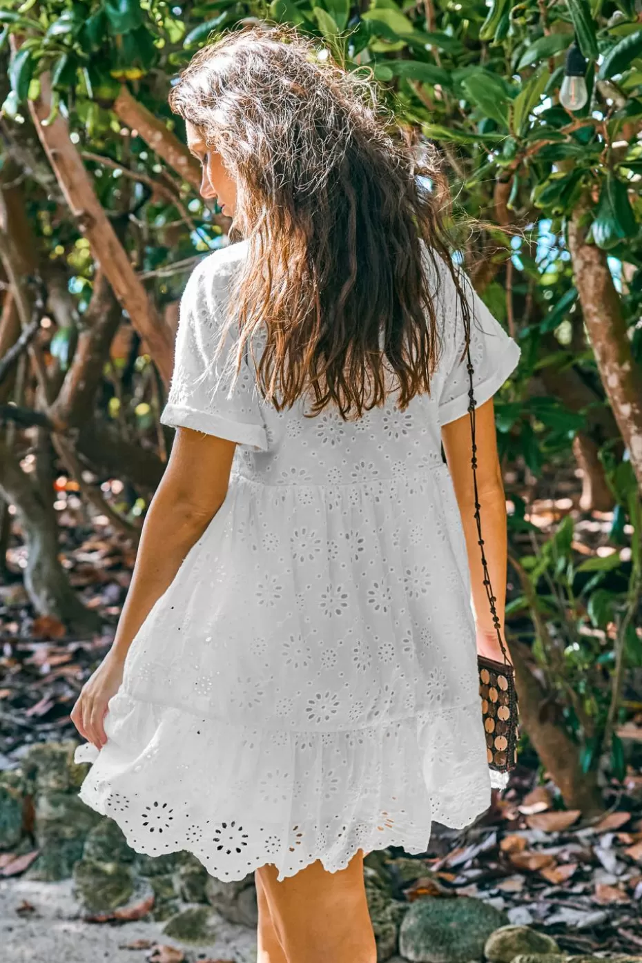 Store Cupshe Eyelet V-Neck Short Sleeve Mini Dress White