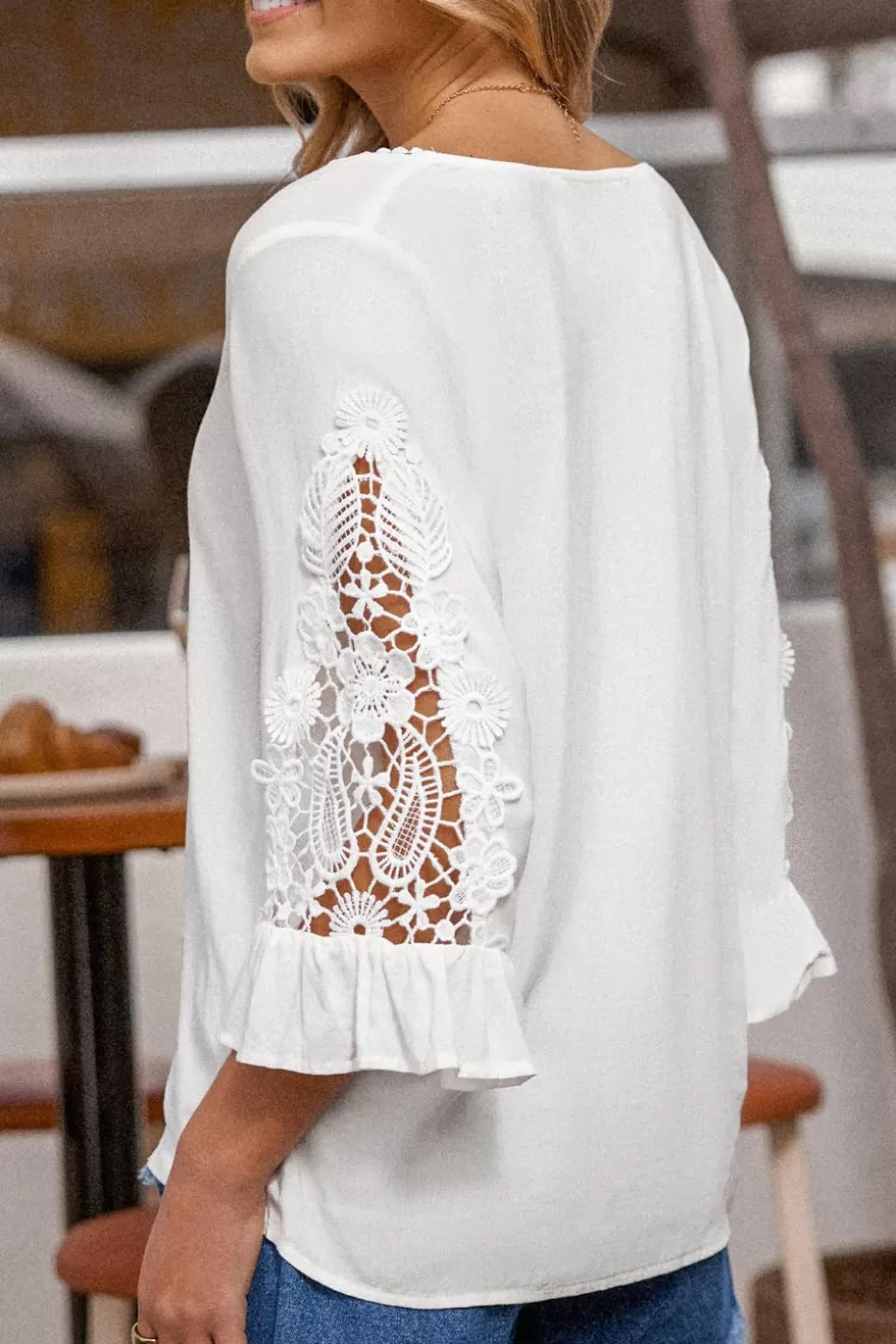 Cheap Cupshe Flared Lace Ruffle Sleeve Blouse White
