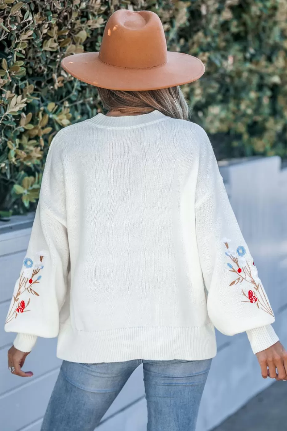 Outlet Cupshe Floral Embroidered Long Sleeve Sweater White