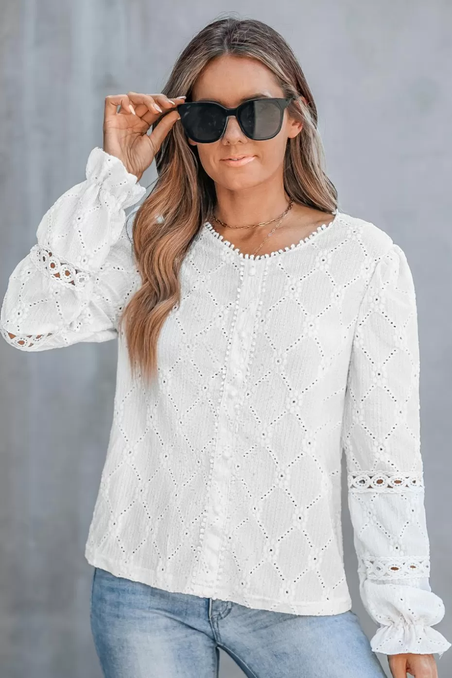 Store Cupshe Floral Knit Long Sleeve Top White