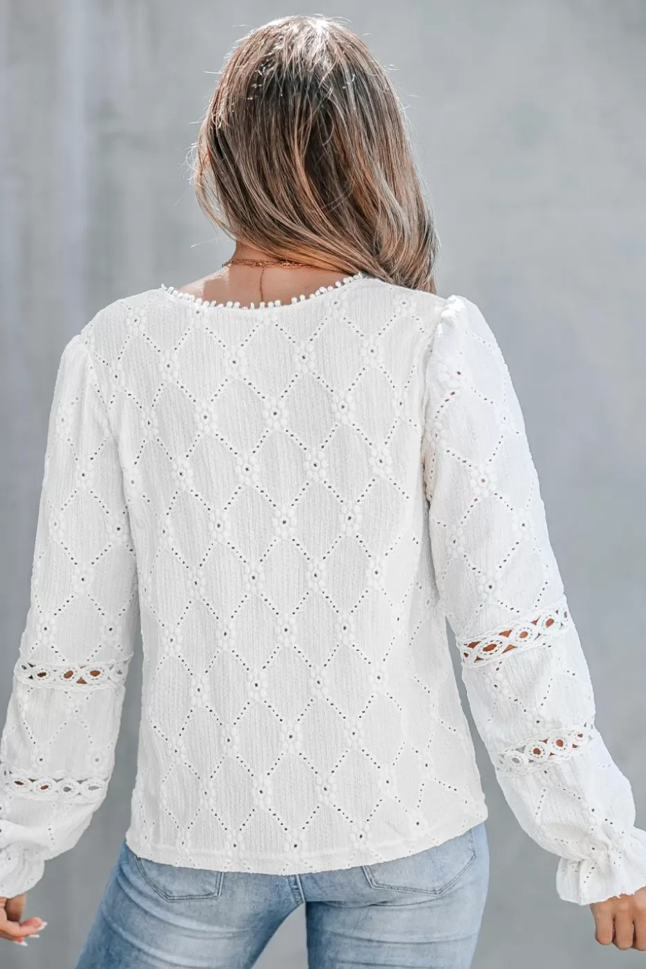 Store Cupshe Floral Knit Long Sleeve Top White