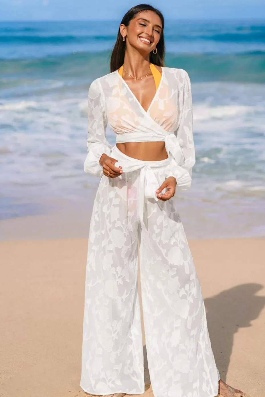 Online Cupshe Floral Puff Sleeve Cover-Up Top White