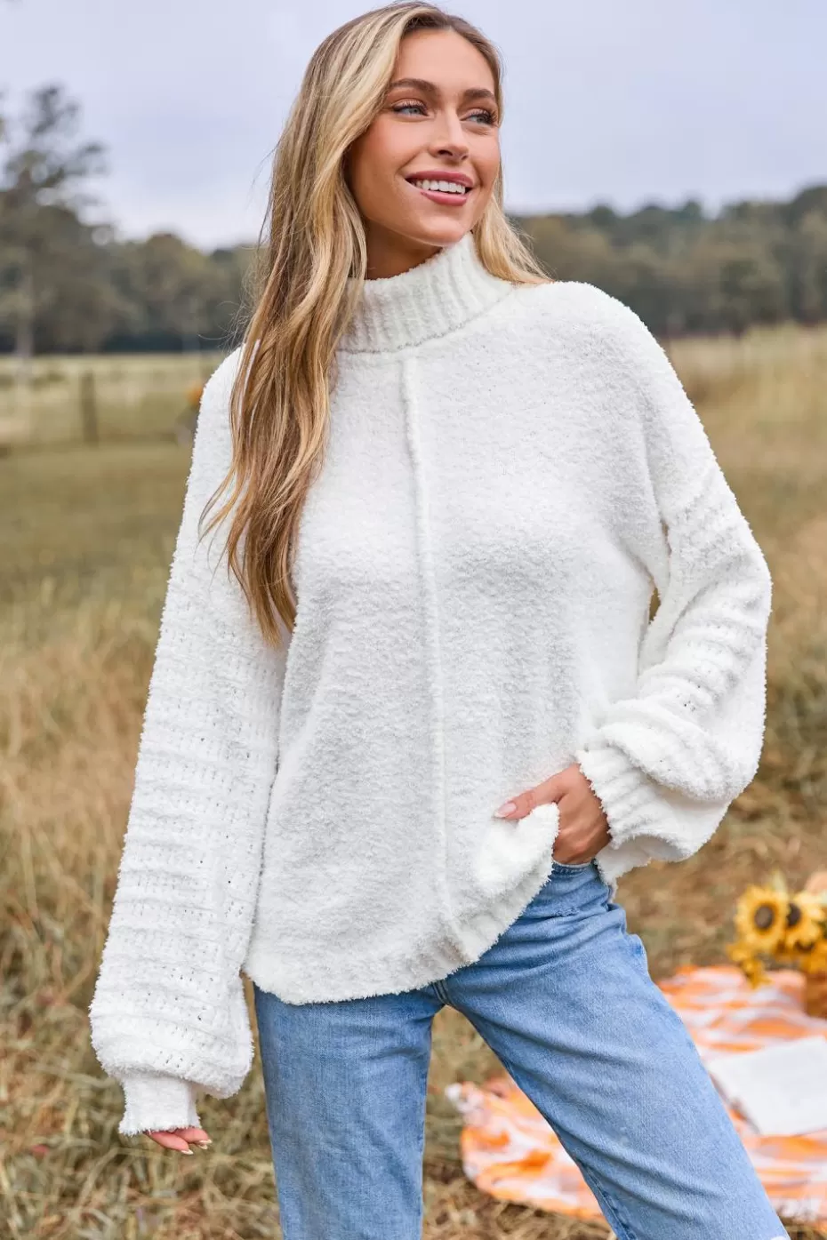 Store Cupshe Knit Drop Shoulder Long Sleeve Turtleneck Sweater White