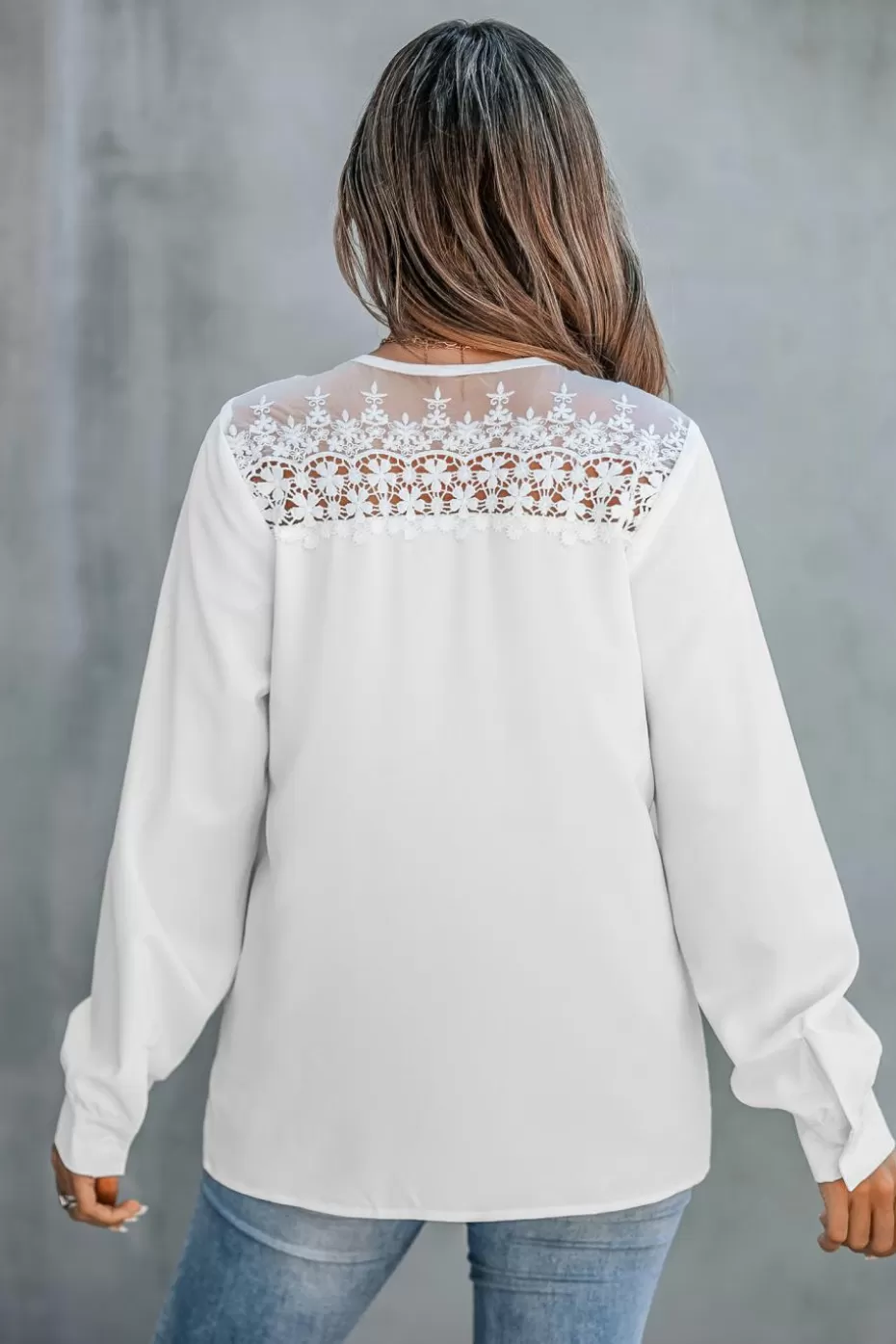 Hot Cupshe Lace Shoulder Long Sleeve V-Neck Blouse White