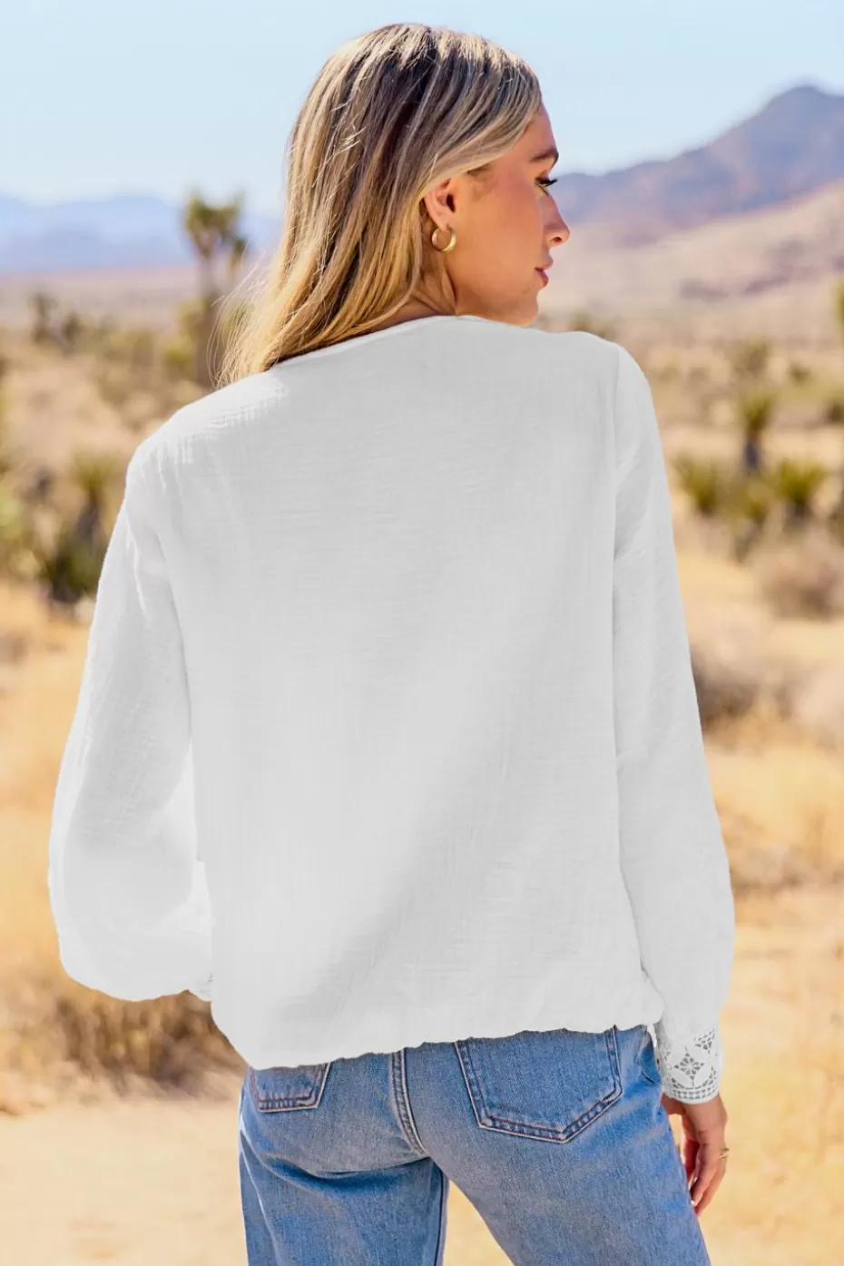 Outlet Cupshe Lace Trim V-Neck Long Sleeve Blouse White