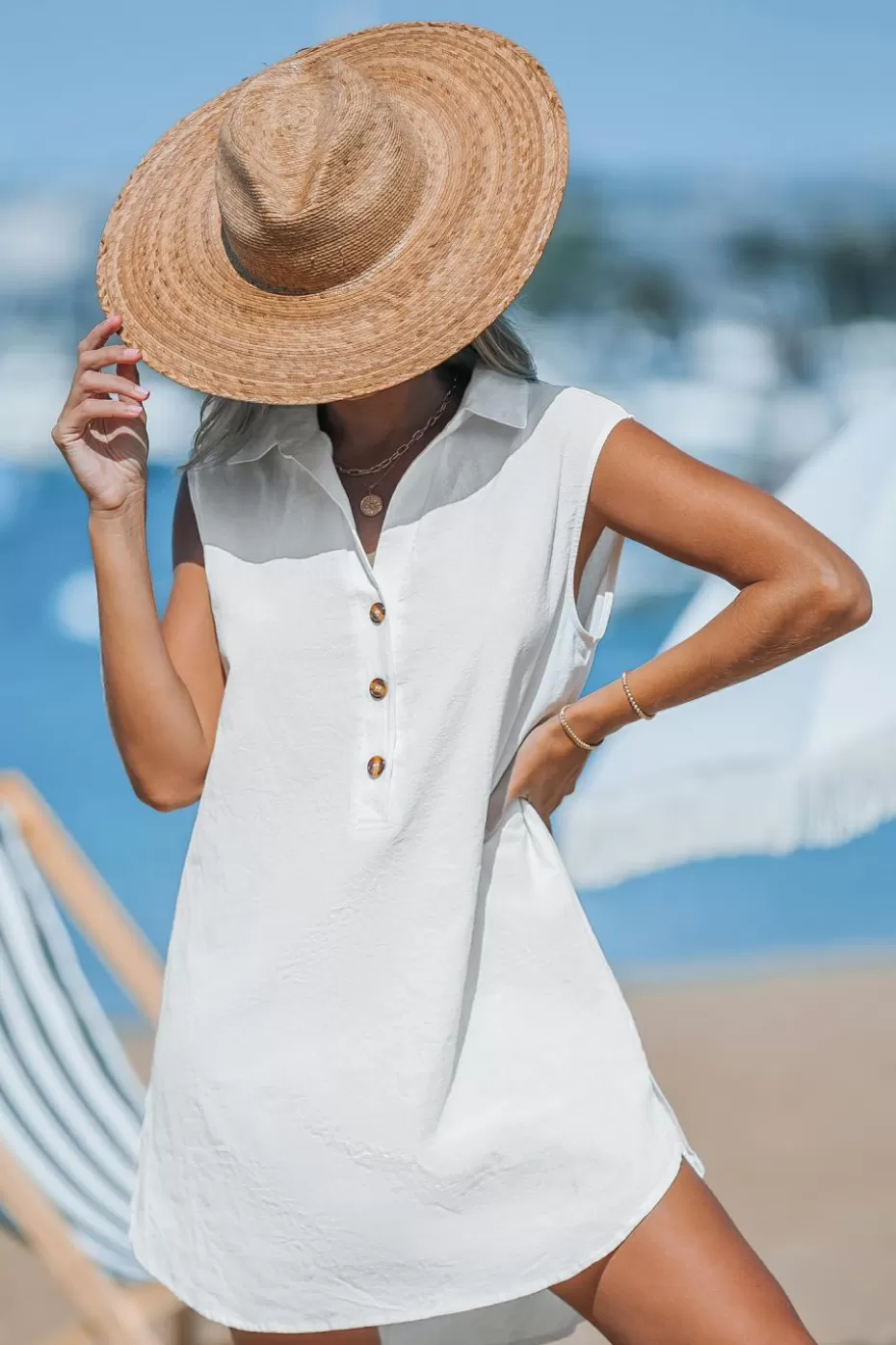 Best Sale Cupshe Linen Collared Sleeveless Mini Dress White